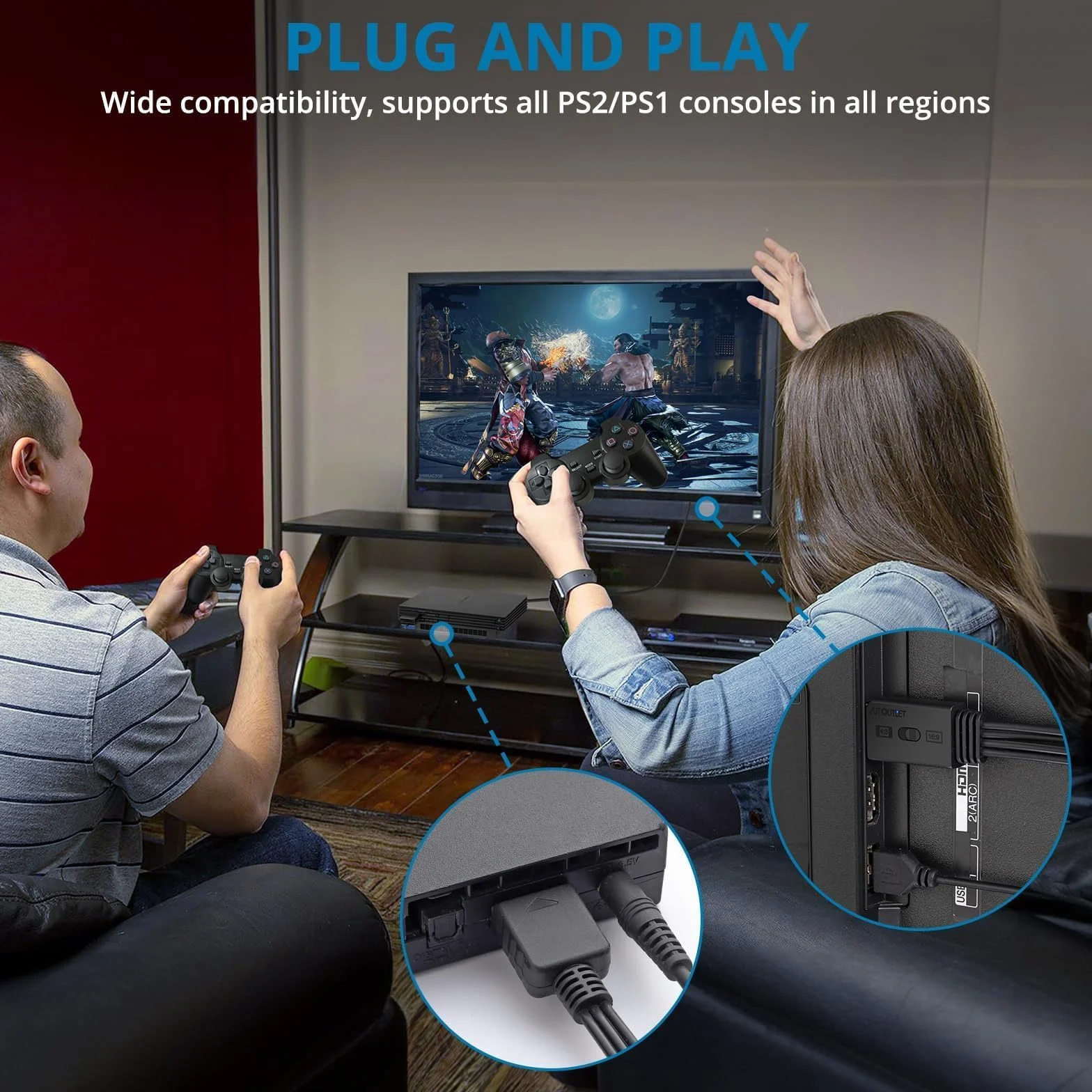 AUTOUTLET PS1 PS2 adapter HDMI, obsługuje konwersję 4:3/16:9, 1080P z interfejsem HDMI, Plug and Play, PS1 PS2 na monitor HDTV