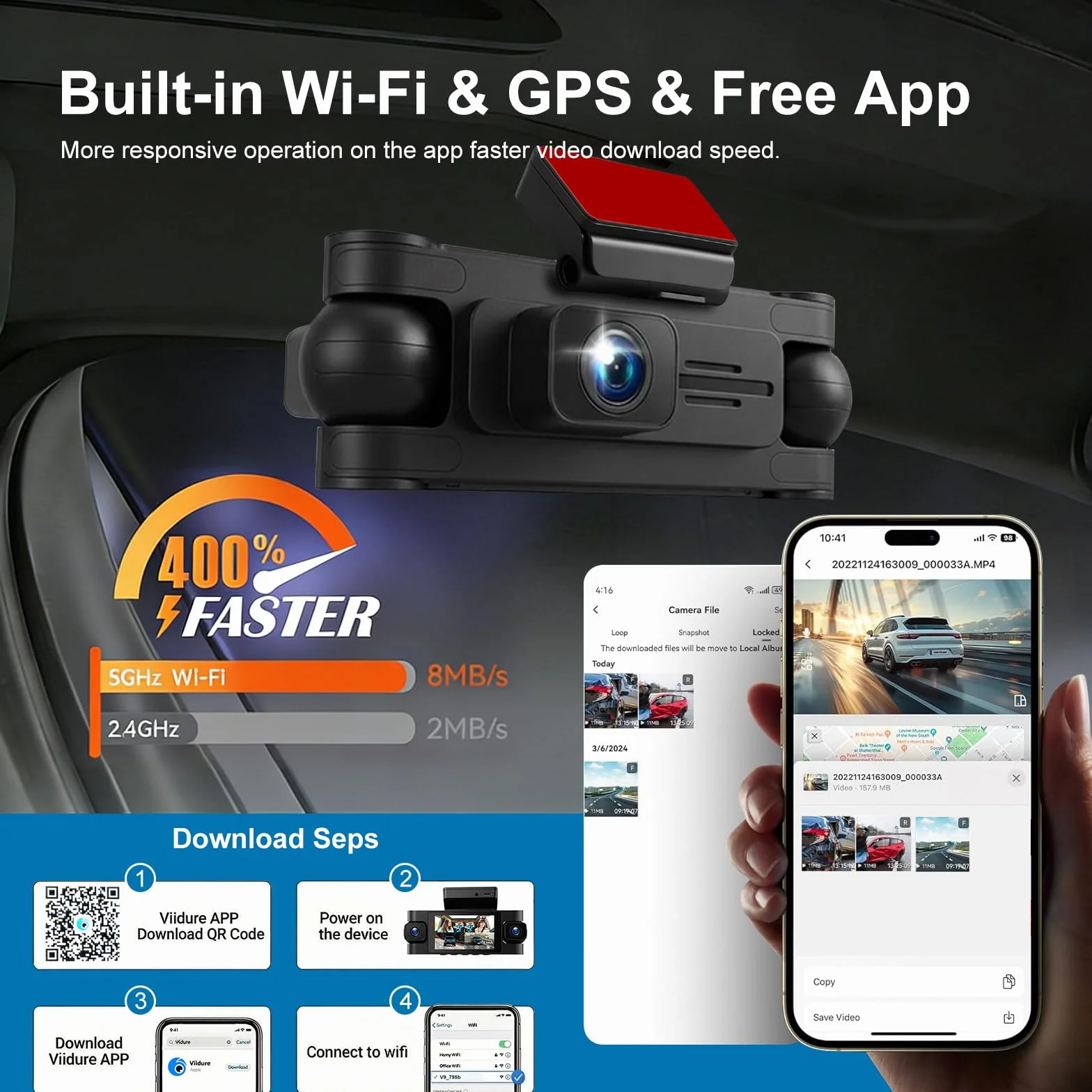 Kamera samochodowa 360 stopni, 4-kanałowa kamera przednia retro i wewnętrzna z GPS i 5G WiFi, 2K + 3 x 1080P, 3-calowy ekran IPS, noktowizor, tryb parkowania 24/7, czujnik G