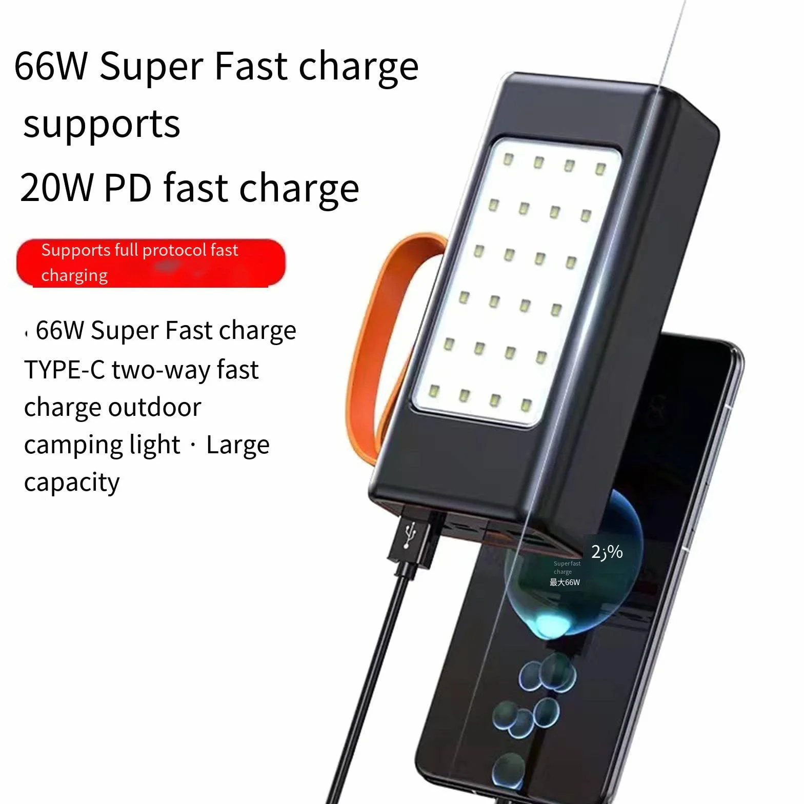 Powerbank Powerbank 50000 mAh Szybkie ładowanie z wbudowanym kablem Duża pojemność Lampa kempingowa na zewnątrz Mobilny zasilacz, Czarny-30000 mAh