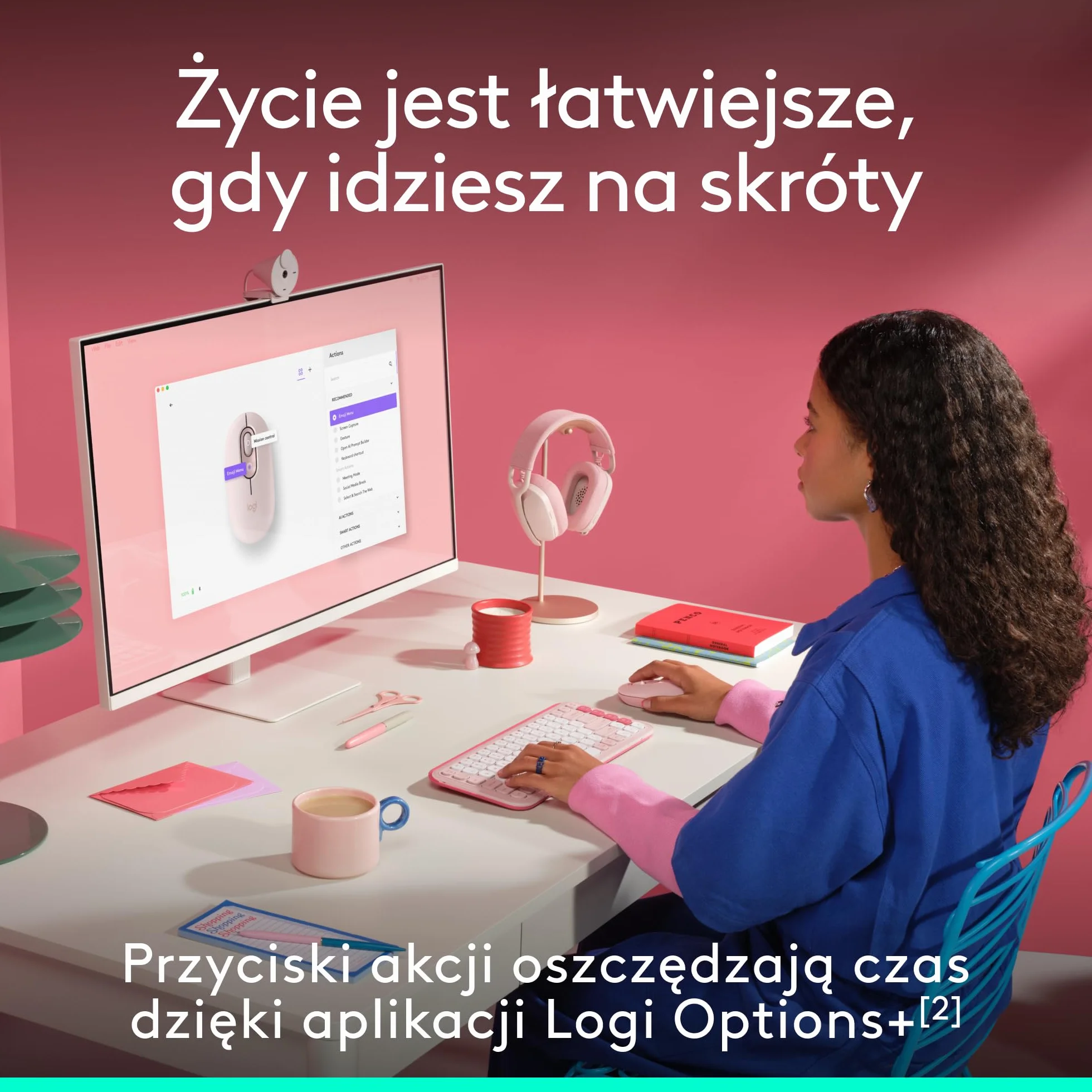 Logitech POP Mouse, przenośna bezprzewodowa mysz Bluetooth | Programowalne przyciski, ciche kliknięcia, Easy-Switch, do laptopa, tabletu i komputera PC — Róża