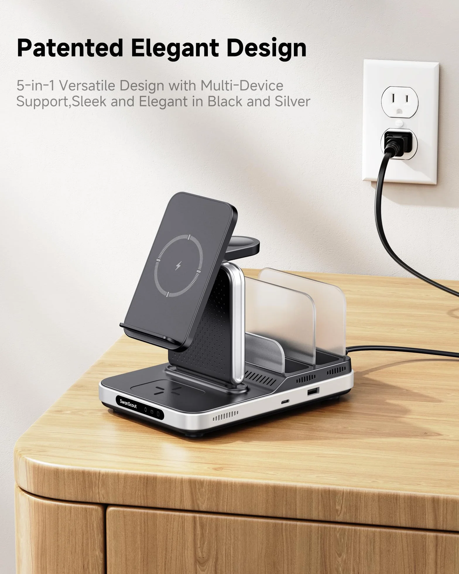 SwanScout 5w1 Stacja ładowania dla urządzeń Samsung, Ładowarka bezprzewodowa dla serii Samsung S25/S24/S23/S22, Galaxy Watch Ultra/8/7/6/5/4, Buds, Tab/iPad/Switch, Model 901S