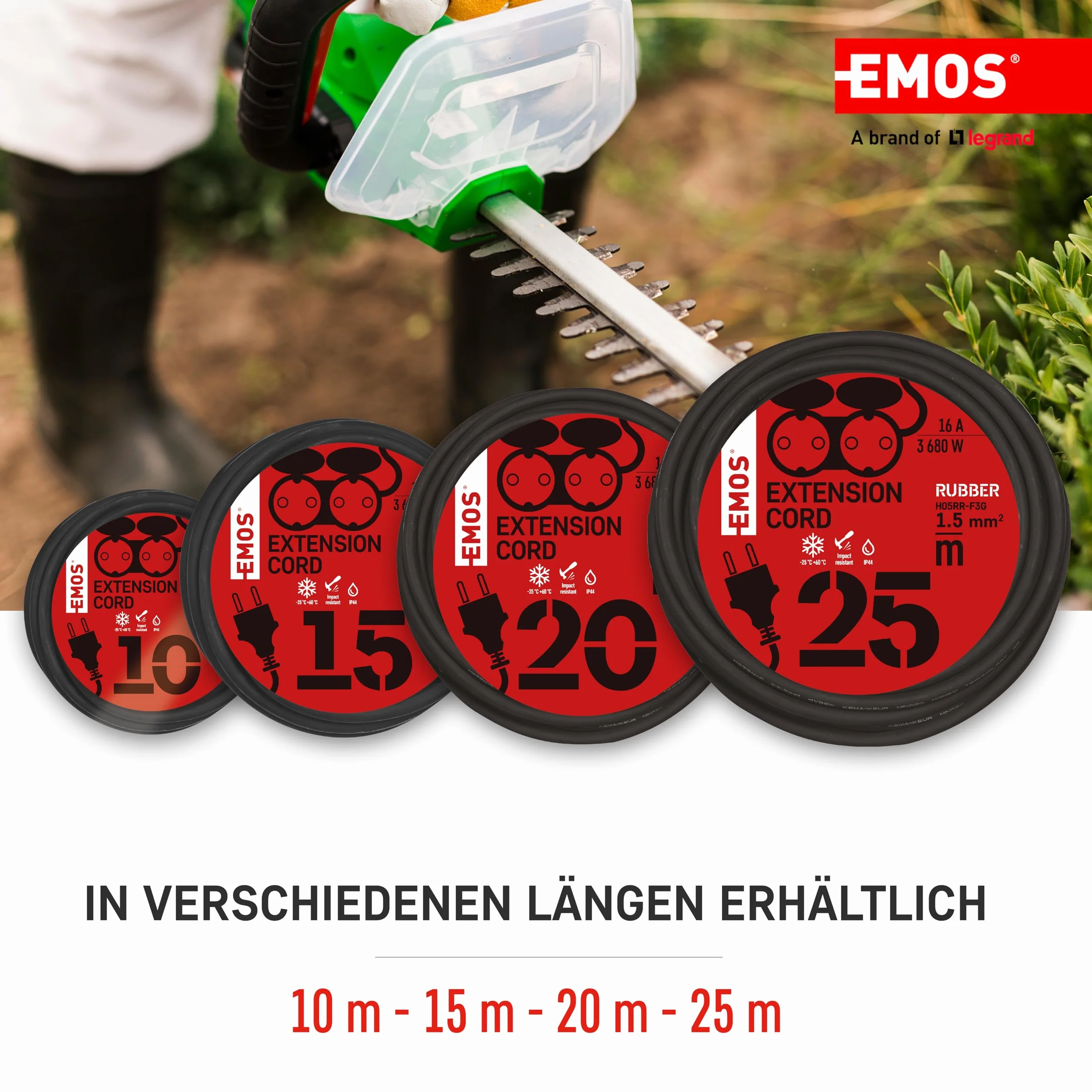 EMOS - Przedłużacz IP44 25 m - 2 gniazda Schuko - wodoszczelny, odporny na uderzenia, odporny na wysokie temperatury i zimno - 230 V, 16 A, 3680 W - izolacja gumowa - H05RR-F3G 1,5 mm2 - do użytku na