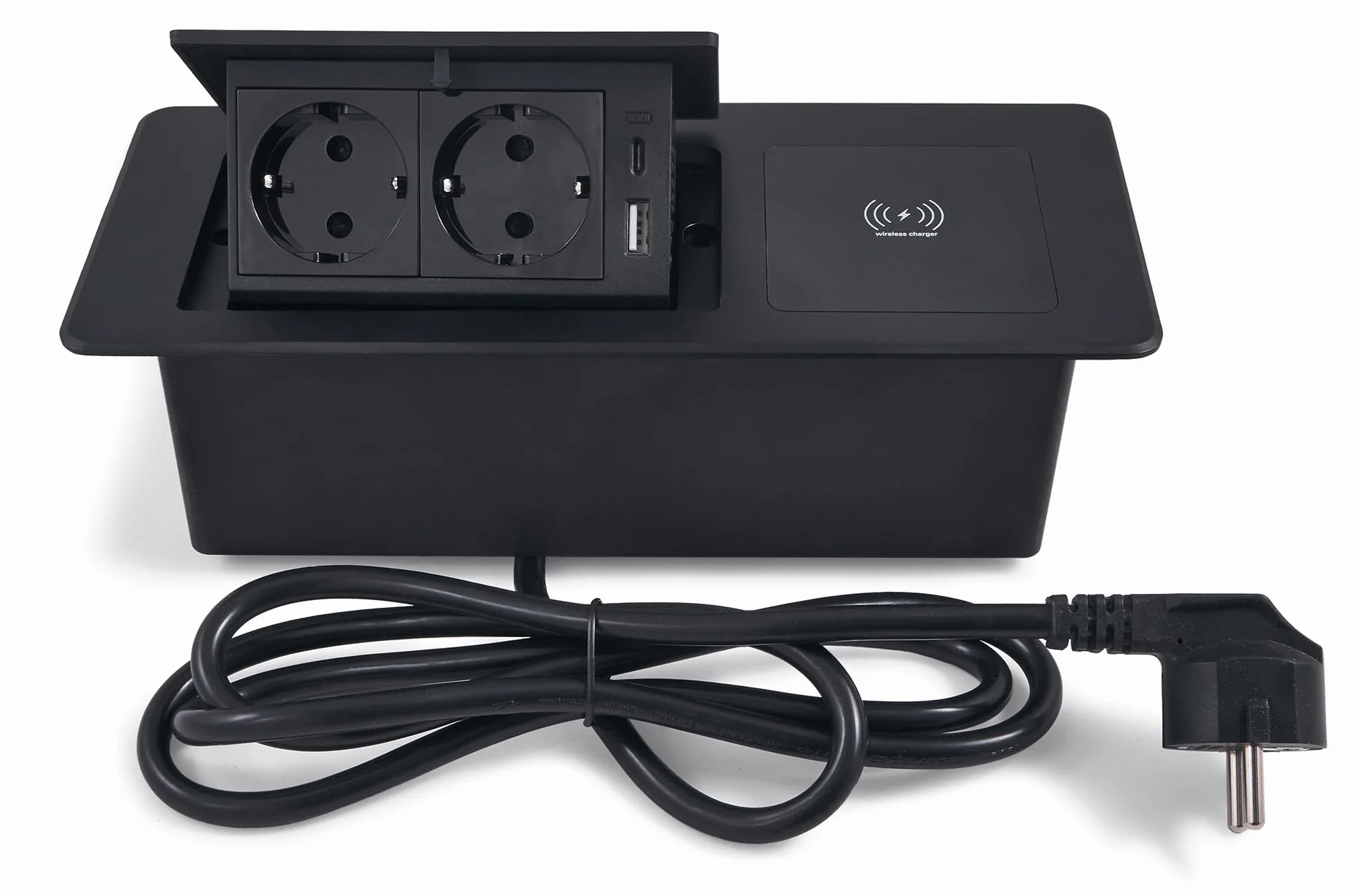 Listwa Zasilająca Wpuszczana W Blat Multibox VII – 2x Gniazdo 230V, USB-A, USB-C – Ładowarka Indukcyjna Qi – Czarny Mat – Gniazdo Nablatowe Do Kuchni I Biura