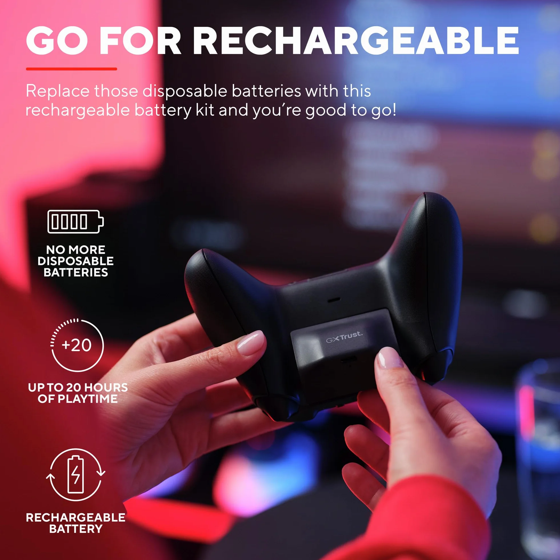 Trust Gaming GXT 246 Avado Xbox Controller z akumulatorem do konsoli Xbox Series X/S, ładowarka z kablem USB-C 3 m, 20 godzin gry, ładowarka Gamepad Play