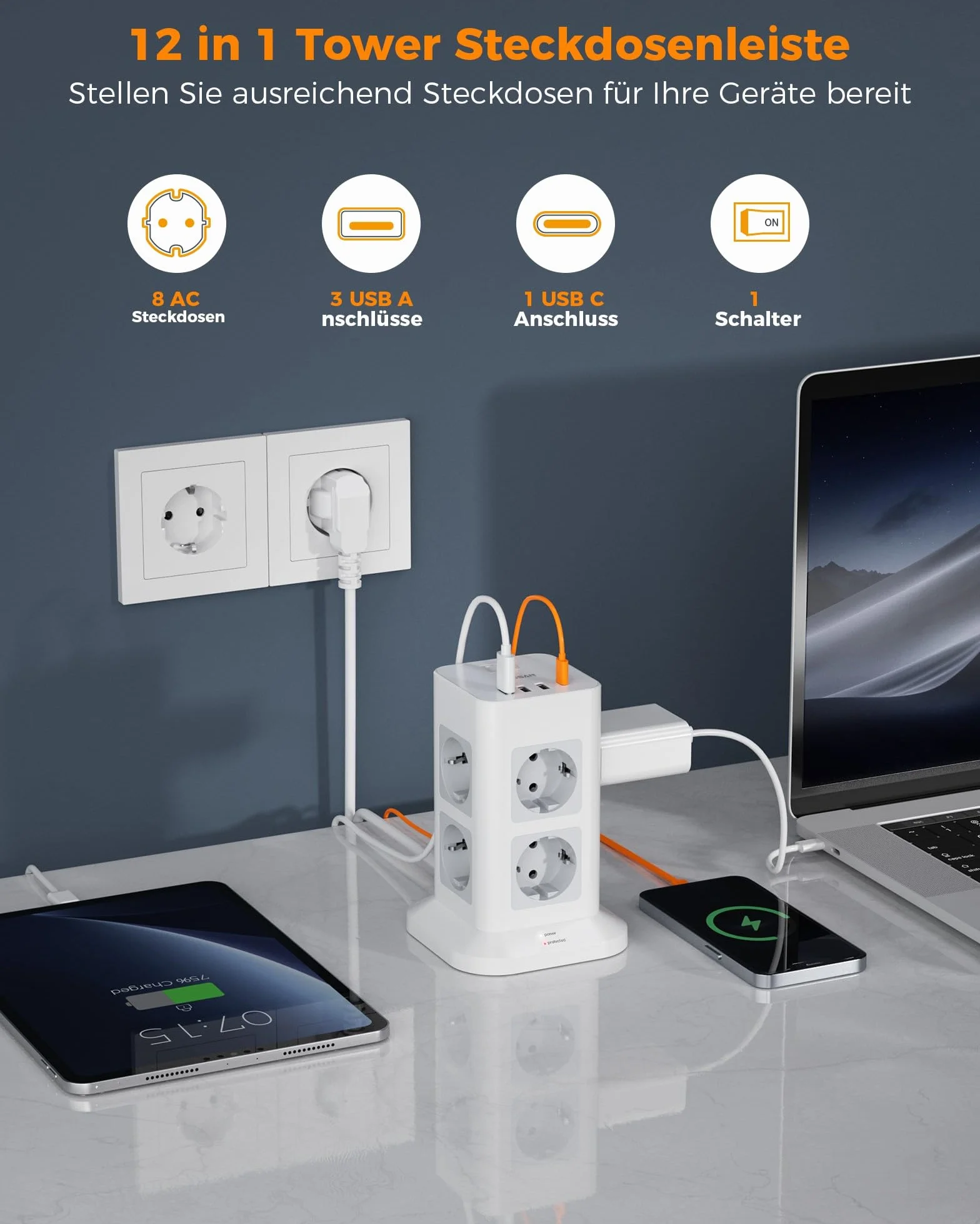 TESSAN Listwy zasilające, ochrona przed przeciążeniem, 8 gniazd, z 3 USB A i USB C, listwa zasilająca pionowa z przełącznikiem, przedłużacz 2 metry, złodziejka 3600 W
