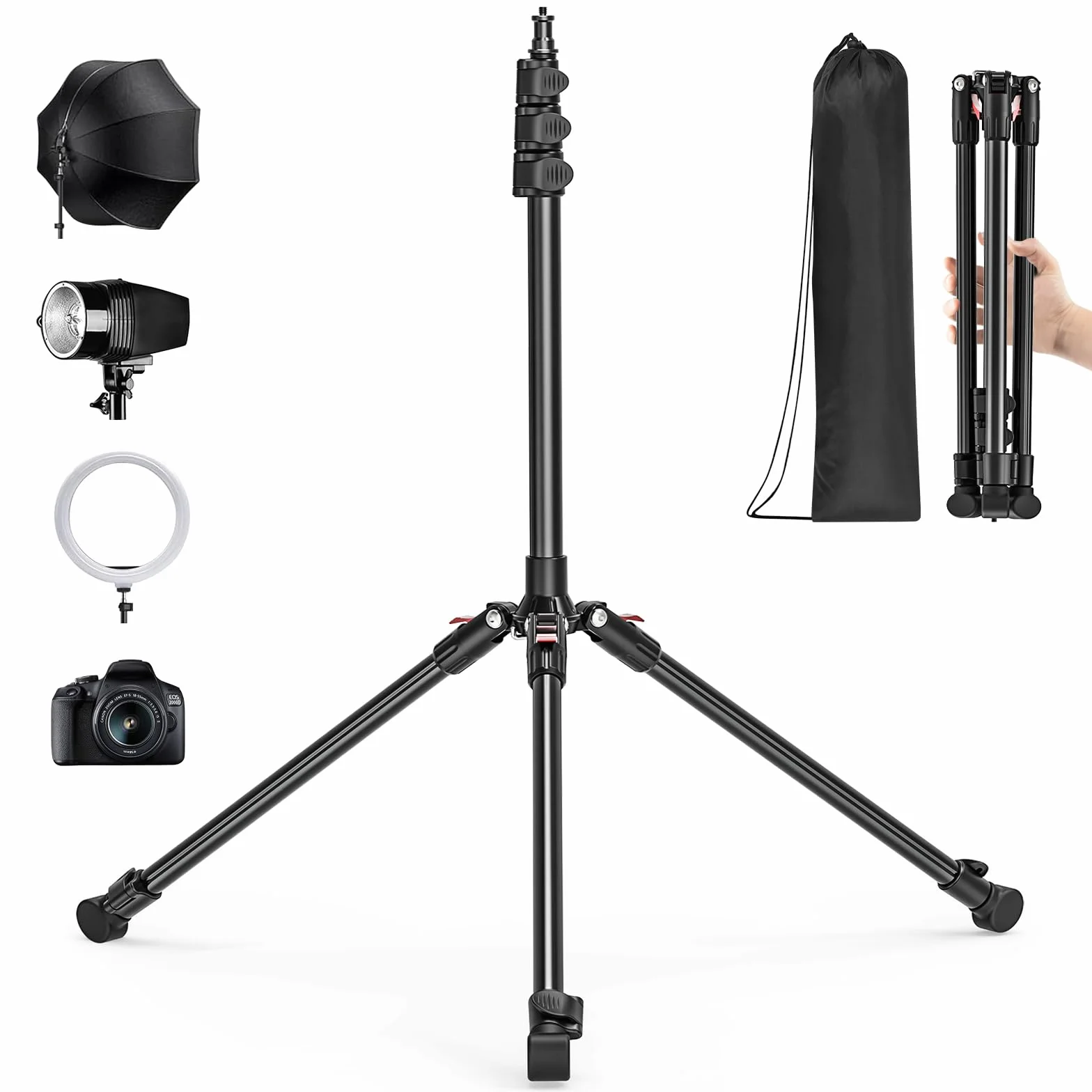Wiseten Statyw świetlny, aluminiowy, 200 cm, statyw do lampy, odwrotny, składany statyw do aparatu, ze śrubą 1/4", do kamery internetowej, studia, pierścienia, lampa błyskowa, projektor, softbox
