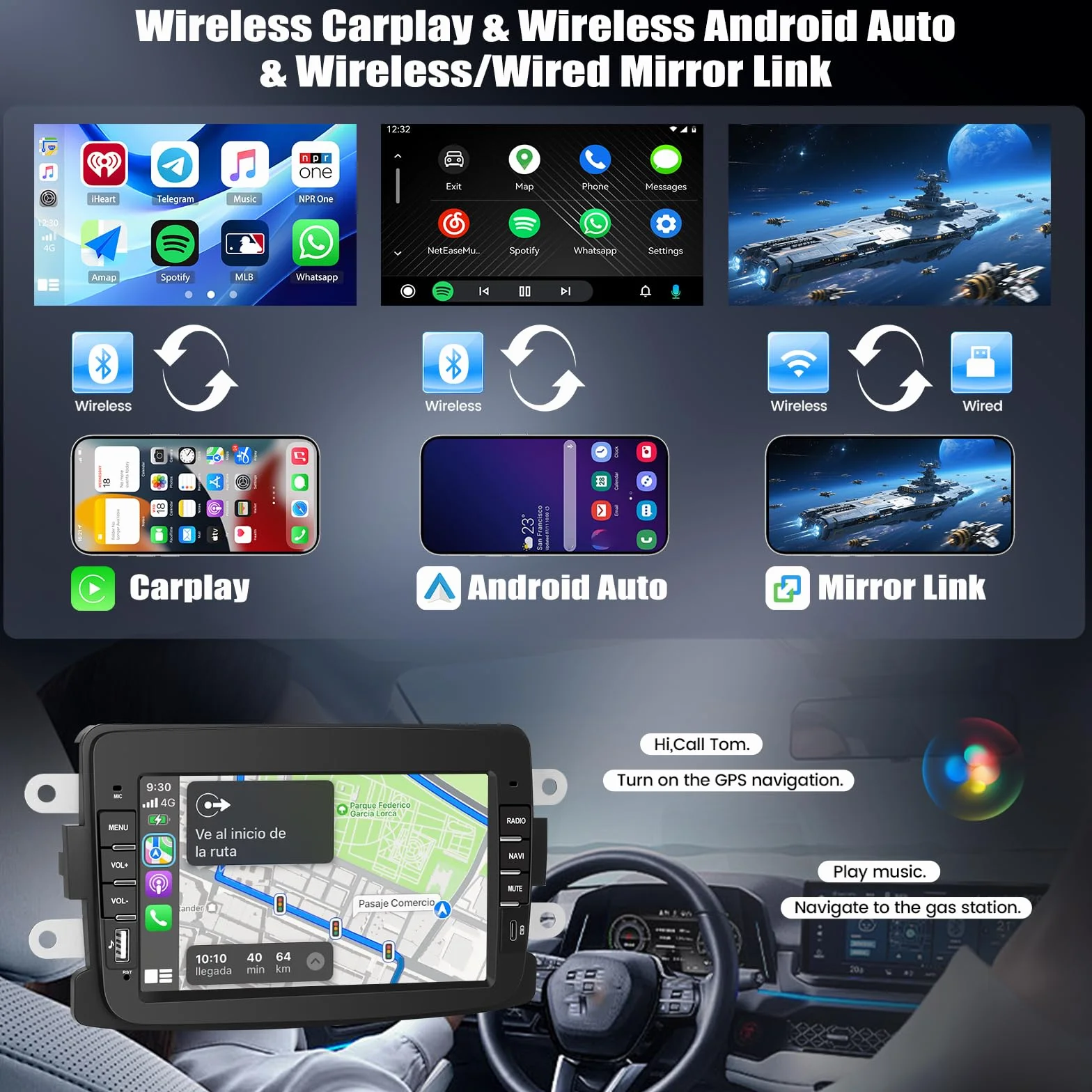 4 + 64 G Android 15 CAMECHO 7 cali radio samochodowe do Renault Dacia Logon Duster Sandero Lodgy Spring z bezprzewodowym Carplay Android Auto, nawigacja GPS Radio ekran dotykowy HD z Bluetooth WiFi