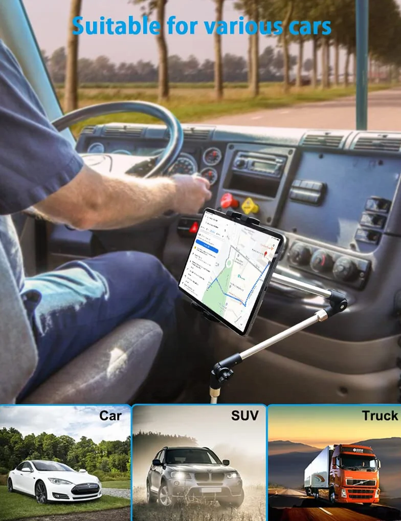 Uchwyt na tablet podłogowy do samochodu, uchwyt na telefon, wytrzymały zacisk do telefonu z aluminiowym długim ramieniem, stojak na fotel samochodowy do iPada Pro 12,9 Air Mini, Galaxy Tabs