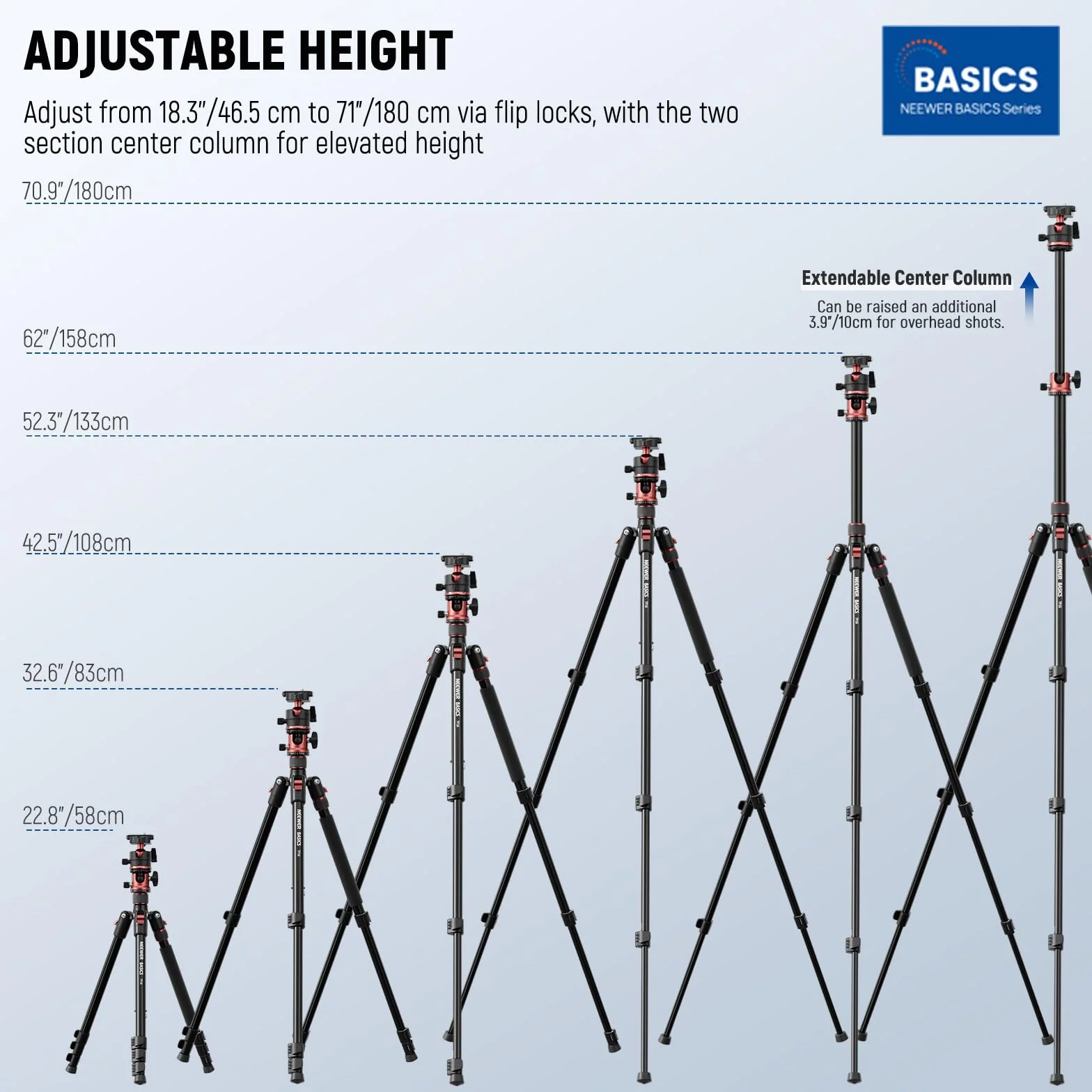 NEEWER BASICS 180.1 cm statyw monopod z kolumną środkową i głowicą kulową, stojak do szybkiego zwalniania lustrzanki cyfrowej, kompatybilny z nagrywaniem wideo w podróży przez telefon, maksymalne