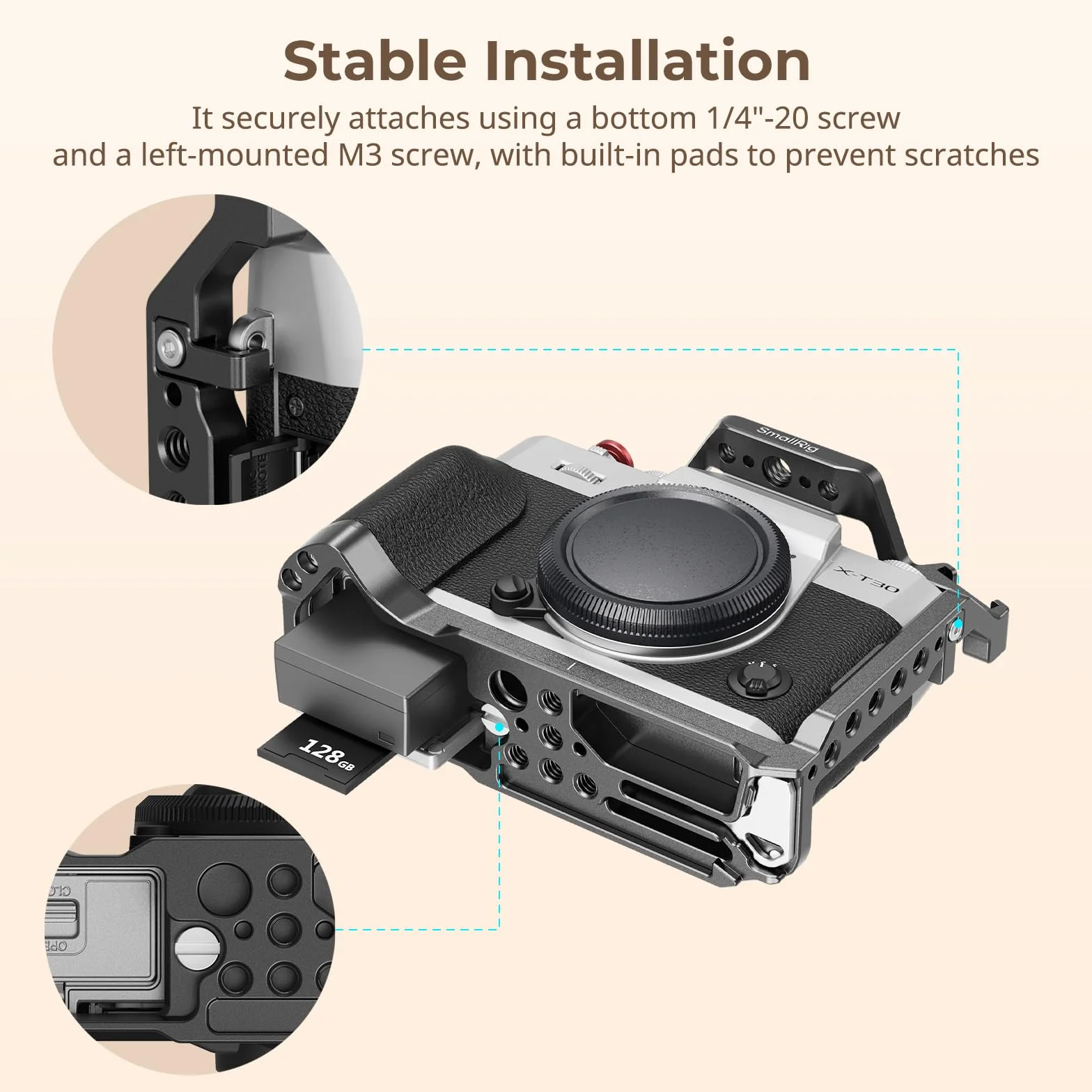 SMALLRIG Klatka fotograficzna X-T30 III do FUJIFILM X-T30 / X-T30II / X-T30III, wbudowany ergonomiczny silikonowy uchwyt, płytka szybkiego montażu do Arca, gniazdo QD i otwory na pasek - 5662