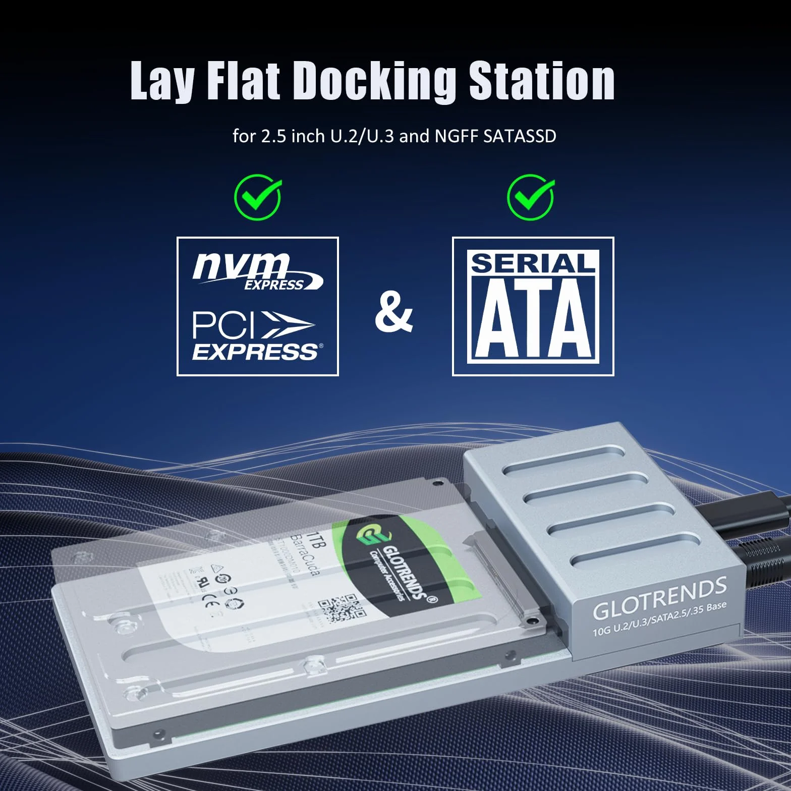 GLOTRENDS H7 Stacja Dockingowa 10Gbps USB-C do SSD/HDD 2.5 cala U.2/U.3 & SATA, Kształt "Lay-Flat", Kontroler RTL 9210C, Ciało z Stopu Aluminium, Kable USB C-C i C-A