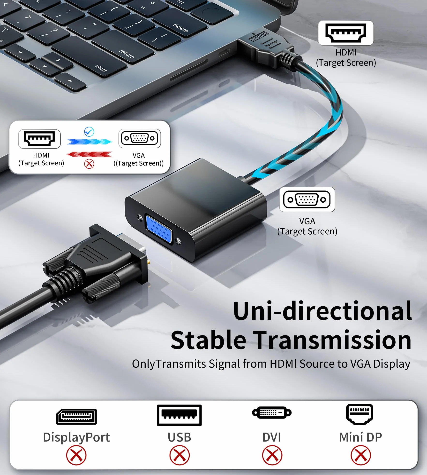 BHHB HDMI na VGA, jednokierunkowy adapter HDMI do monitora VGA (wtyczka na gniazdo), kabel HDMI do VGA, kompatybilny z monitorem komputerowym, laptopem, projektorem, HDTV, Chromebookiem, Raspberry Pi