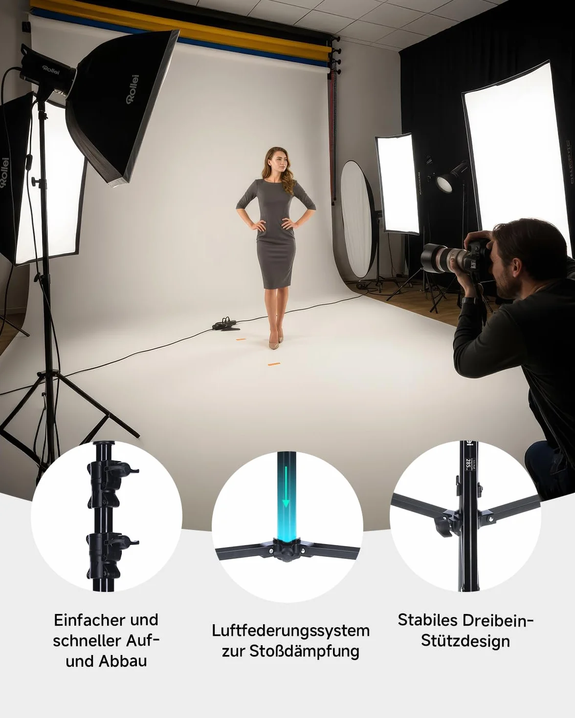Rollei Profesjonalny statyw do lampy 285 cm - wytrzymały aluminiowy statyw do lamp studyjnych, regulacja wysokości w zakresie od 125 do 285 cm, w zestawie amortyzacja uderzeń - czarny