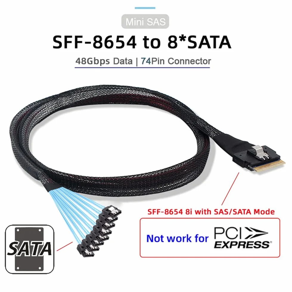 SlimSAS Host/RAID do SATA Target, Slim SAS 4.0 SFF-8654 8i 74pin 1 do 8 SATA 7-pinowy kontroler Raid / kabel dysku twardego 1,64 ft/0,5 m