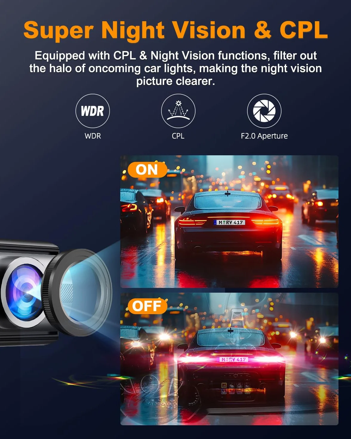 Kamera samochodowa, przednia 4K, wbudowane WiFi 5 GHz, z CPL, UHD 2160P, karta 64 GB, monitor parkowania 24 godz., super noktowizor, WDR, czujnik G, sterowanie aplikacją, kąt 170°, maks. 256 GB