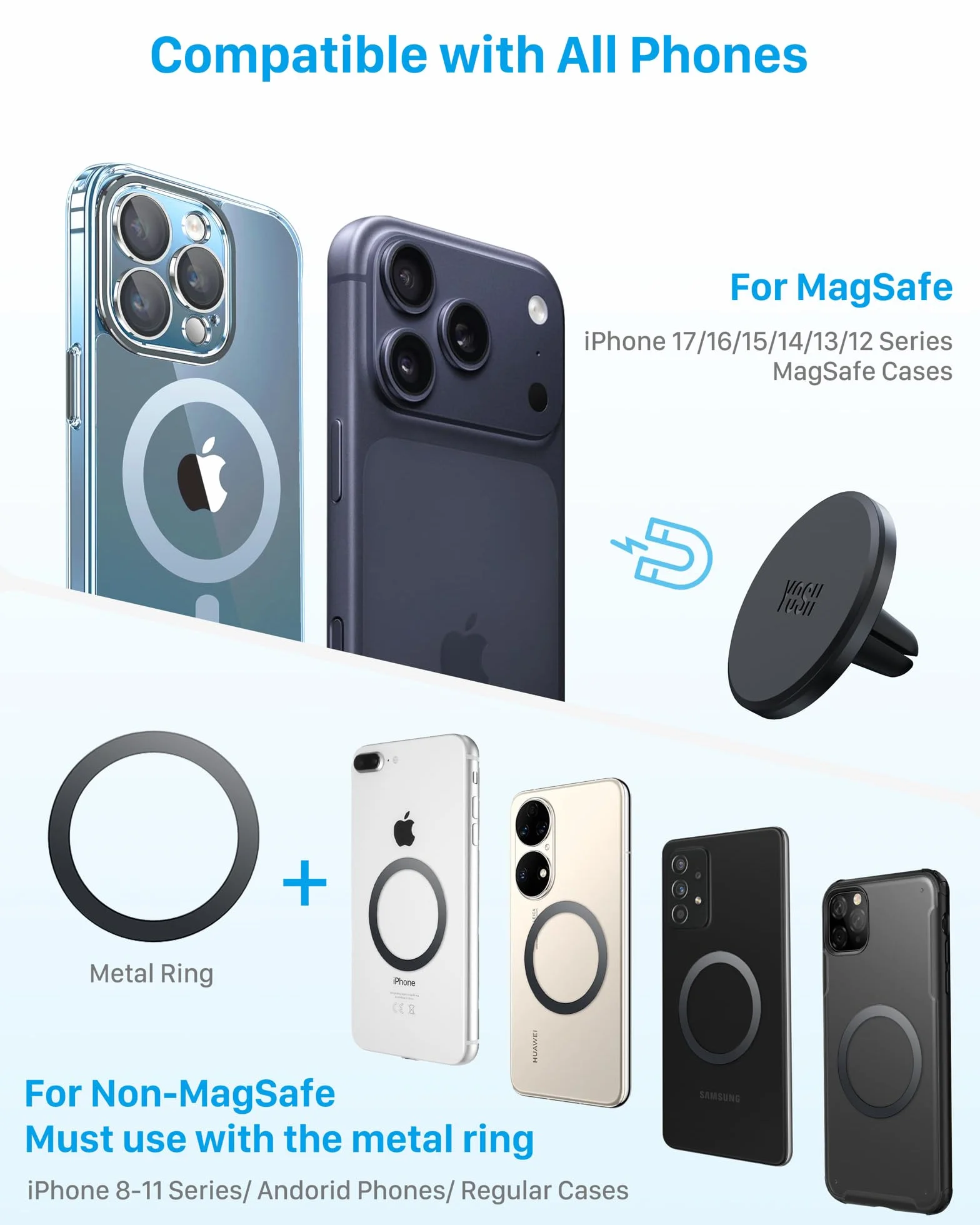 YOSH Uchwyt Samochodowy do telefonu dla MagSafe, Magnetyczne Uchwyty Samochodowe do Nawiewu, Uniwersalny dla iPhone Samsung Pixel & Inne Urządzenia - Z Pierścieniem Magnetycznym (2 Sztuki)