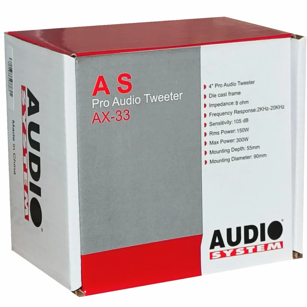 ZESTAW DO AUDIO SYSTEM AX-33, 1 superwysokotonowy 10,2 x 10,2 cm, 150 W RMS, maks. 300 W, impedancja 8 omów, 105 db SPL, na imprezy, do domu, 1 sztuka