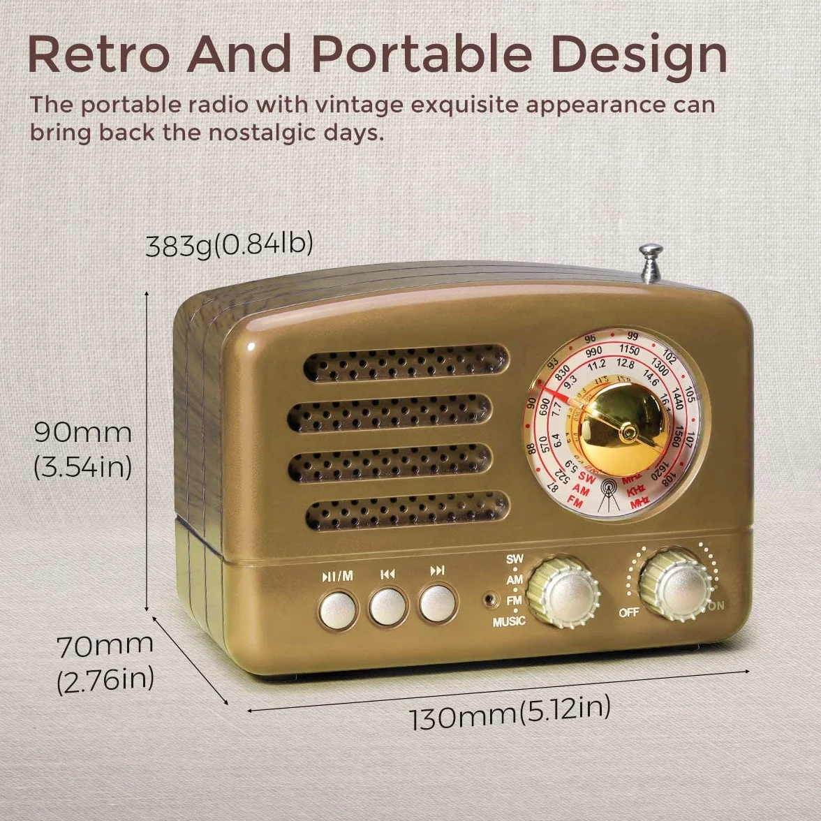 PRUNUS J-160 Przenośne radio, vintage Bluetooth FM/AM (MW)/SW, stacja radiowa z bardzo dużym przyciskiem regulacji, radio retro tranzystor obsługa karty TF/AUX/USB (czerwony)