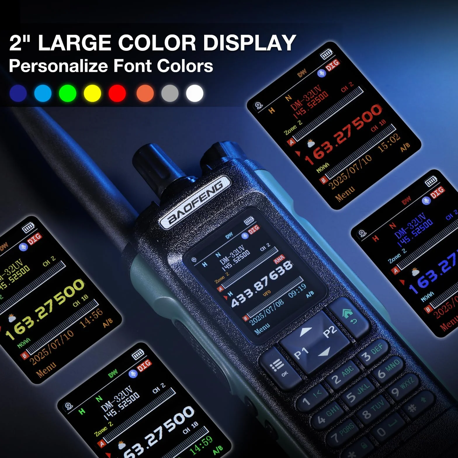 BAOFENG DM-32UV 10W DMR radio, UHF/VHF/AM/FM z GPS i cyfrowym APRS, podwójne gniazdo Tier II, kolorowy wyświetlacz 2", 4000 kanałów, styki 50 K, uchwyt na walizkę, zielony