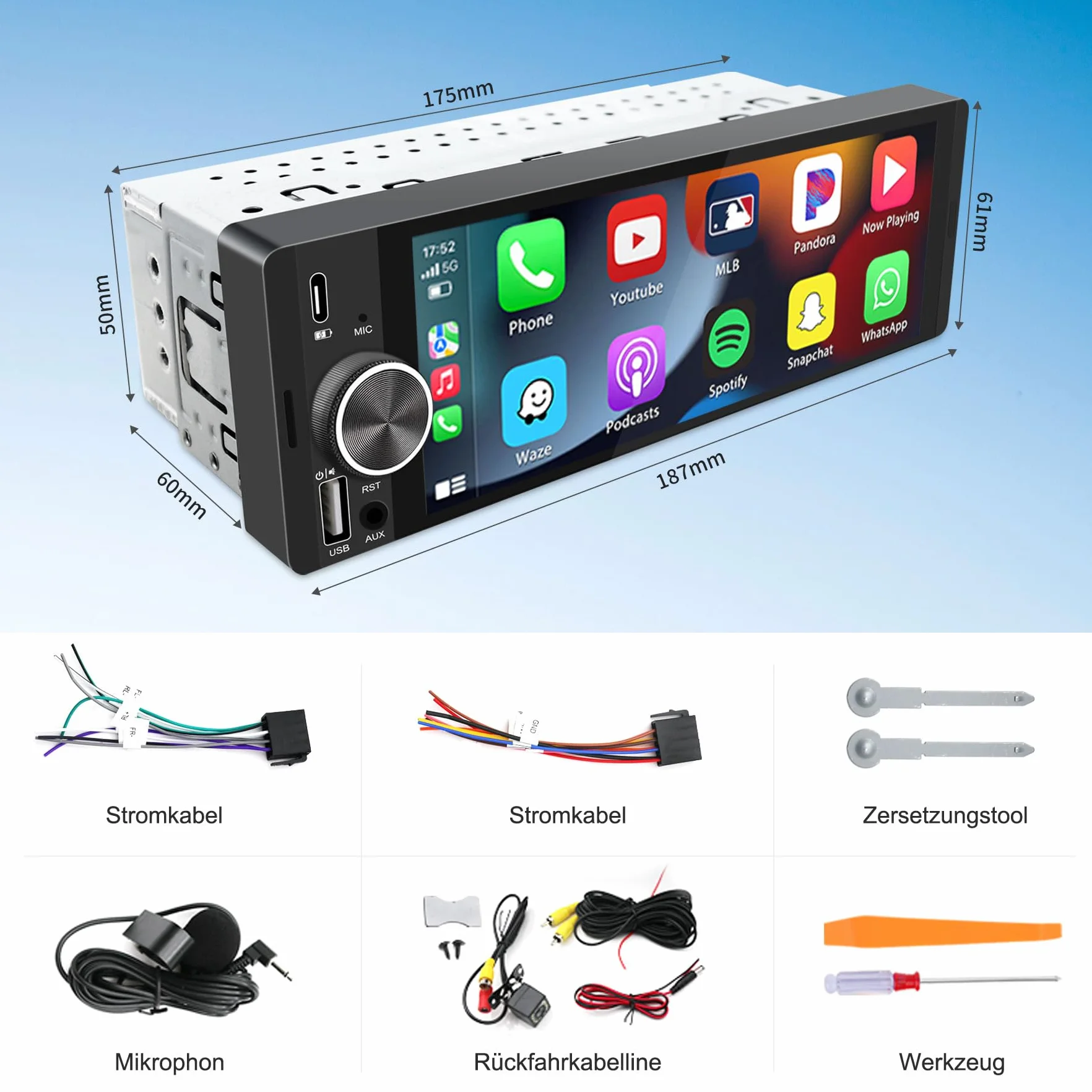 Radio samochodowe 1-DIN 6,28" ekran dotykowy z bezprzewodowym CarPlay i Android Auto, Bluetooth, WLAN, MirrorLink, FM, USB-C, korektor i złącze do kamery cofania, sterowanie kierownicą