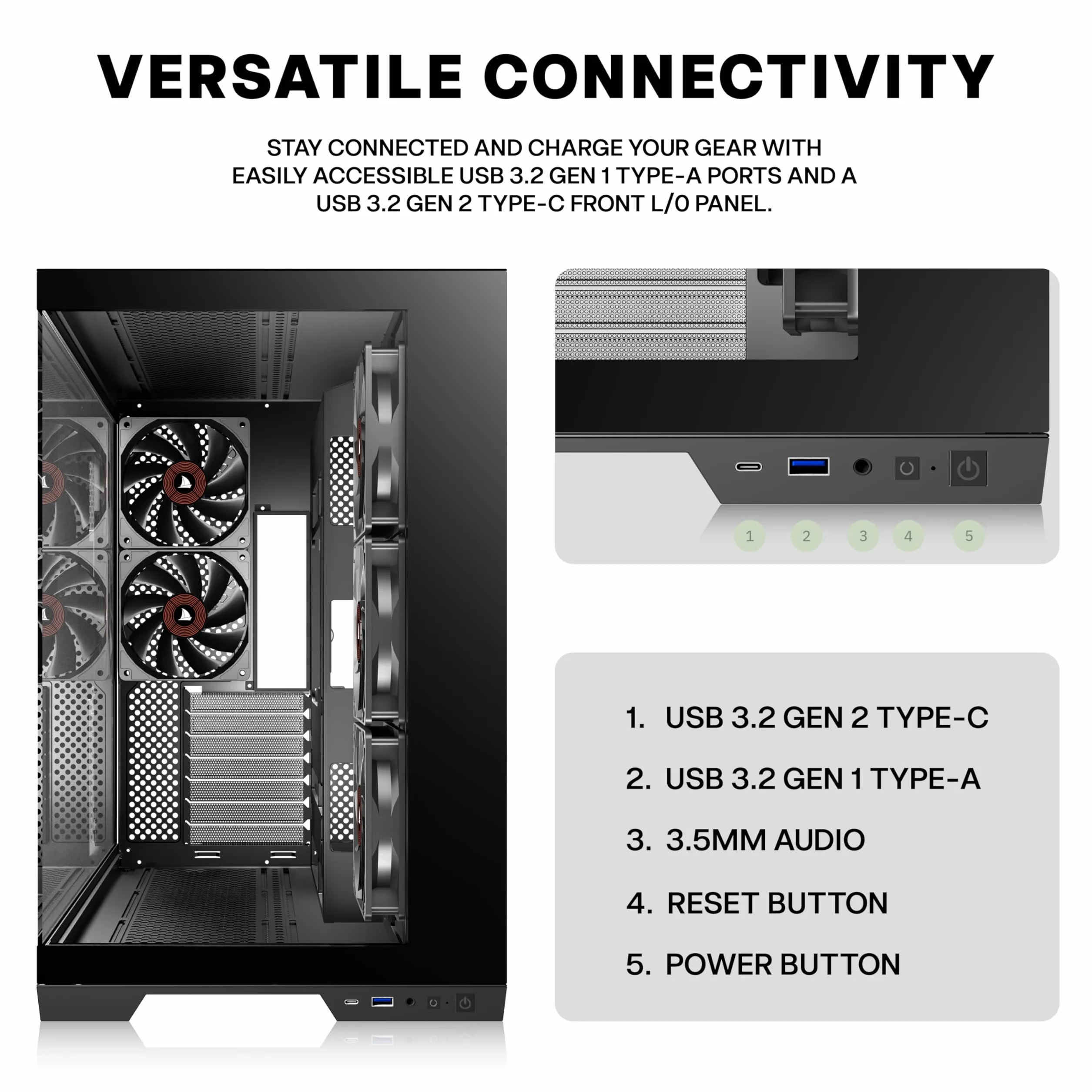KEDIERS Obudowa PC, 5 fabrycznie zainstalowanych wentylatorów, obudowa do gier ATX Mid Tower - obudowa komputera z otwartą częścią boczną ze szkła hartowanego w kolorze czarnym