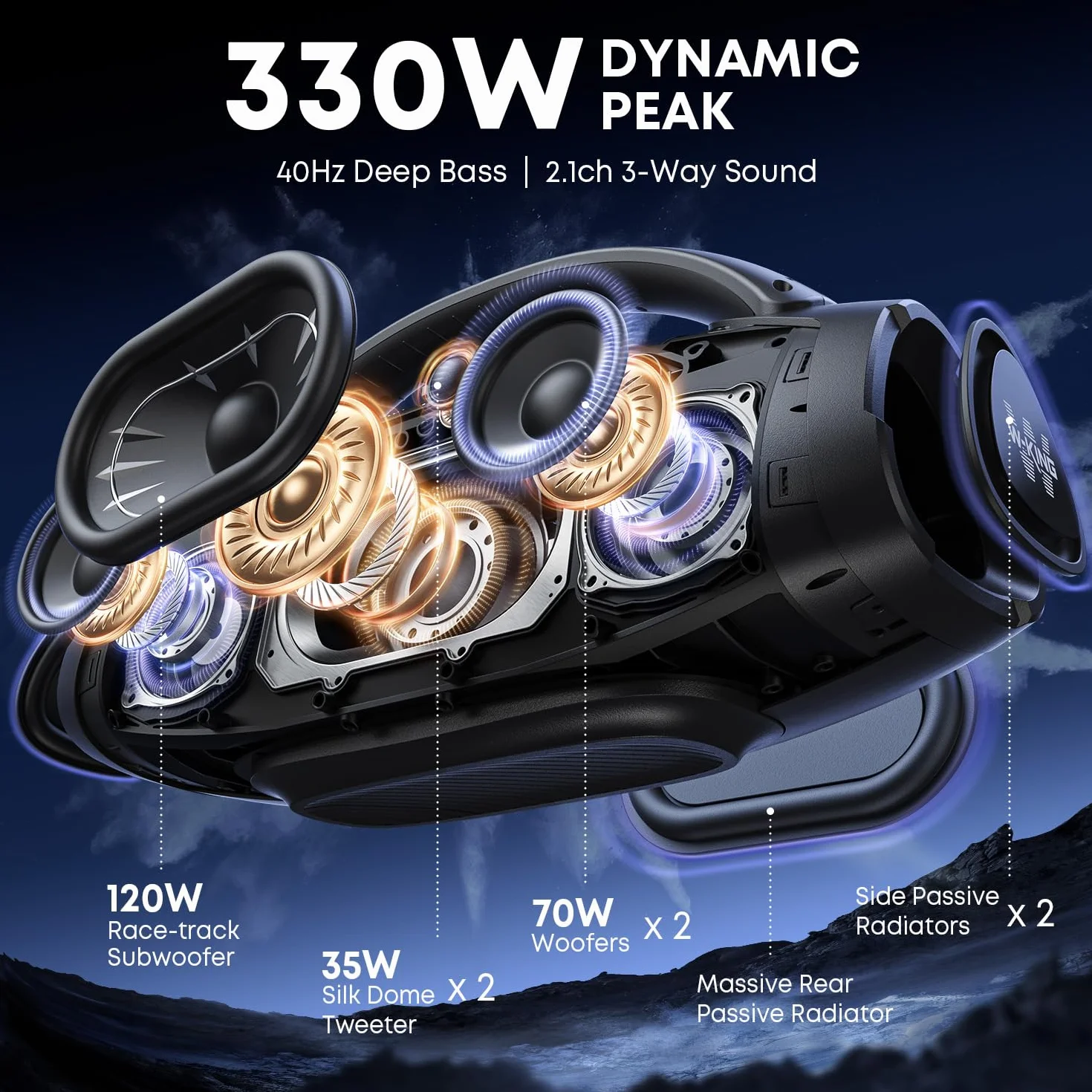 200W RMS Głośnik Bluetooth, W-KING 300W Szczyt Głośny Przenośny Boombox Super Bass/Szybkie ładowanie Bluetooth Box, IPX7, Subwoofer/EQ, Wejście Gitarowe/USB/AUX