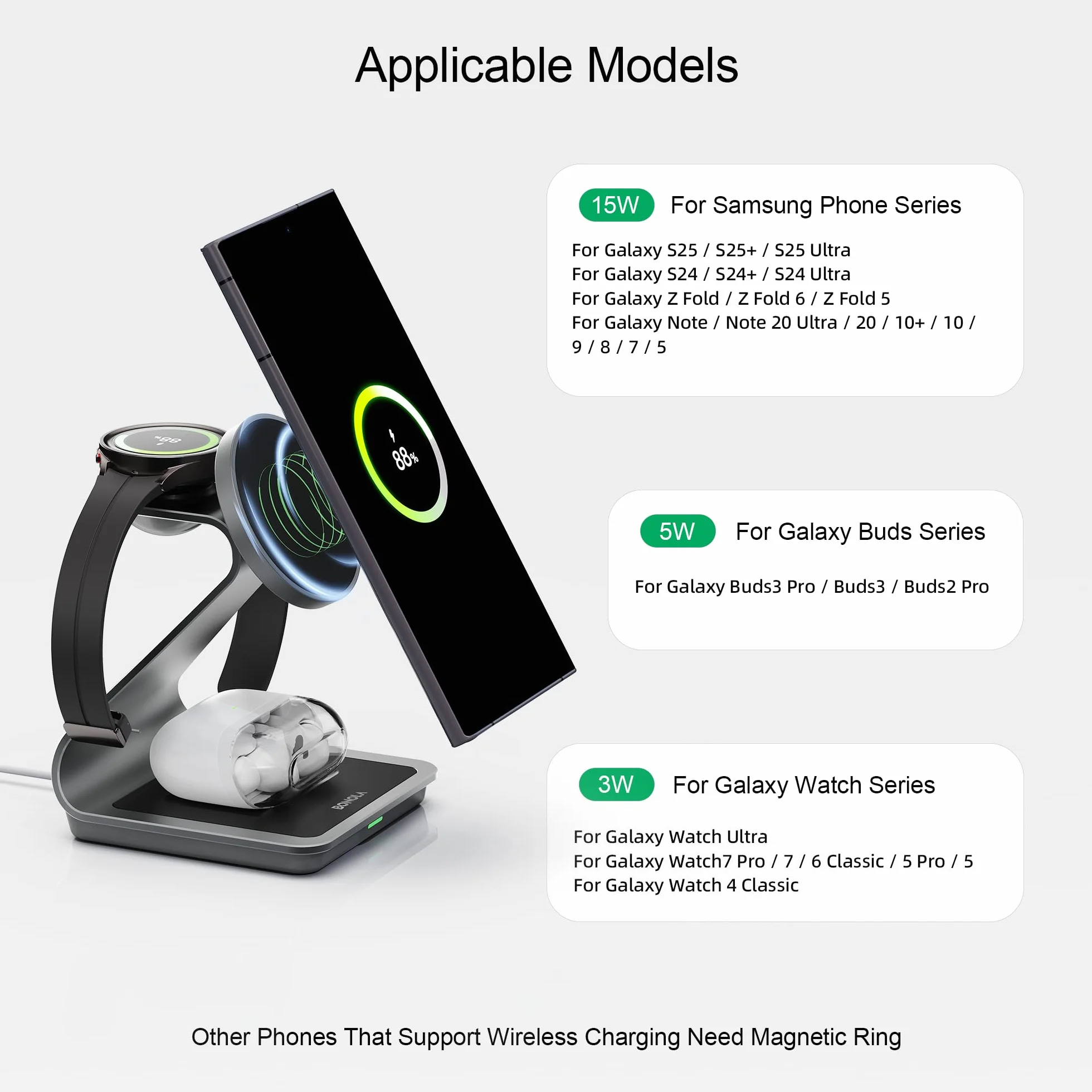 Bezprzewodowa ładowarka do Samsunga: Magnetyczna bezprzewodowa stacja ładująca 3 w 1 do Samsung S25 S24 Ultra S23 S22 S21, stojak do ładowania ze stopu aluminium do Galaxy Watch Ultra/7/6/5/4