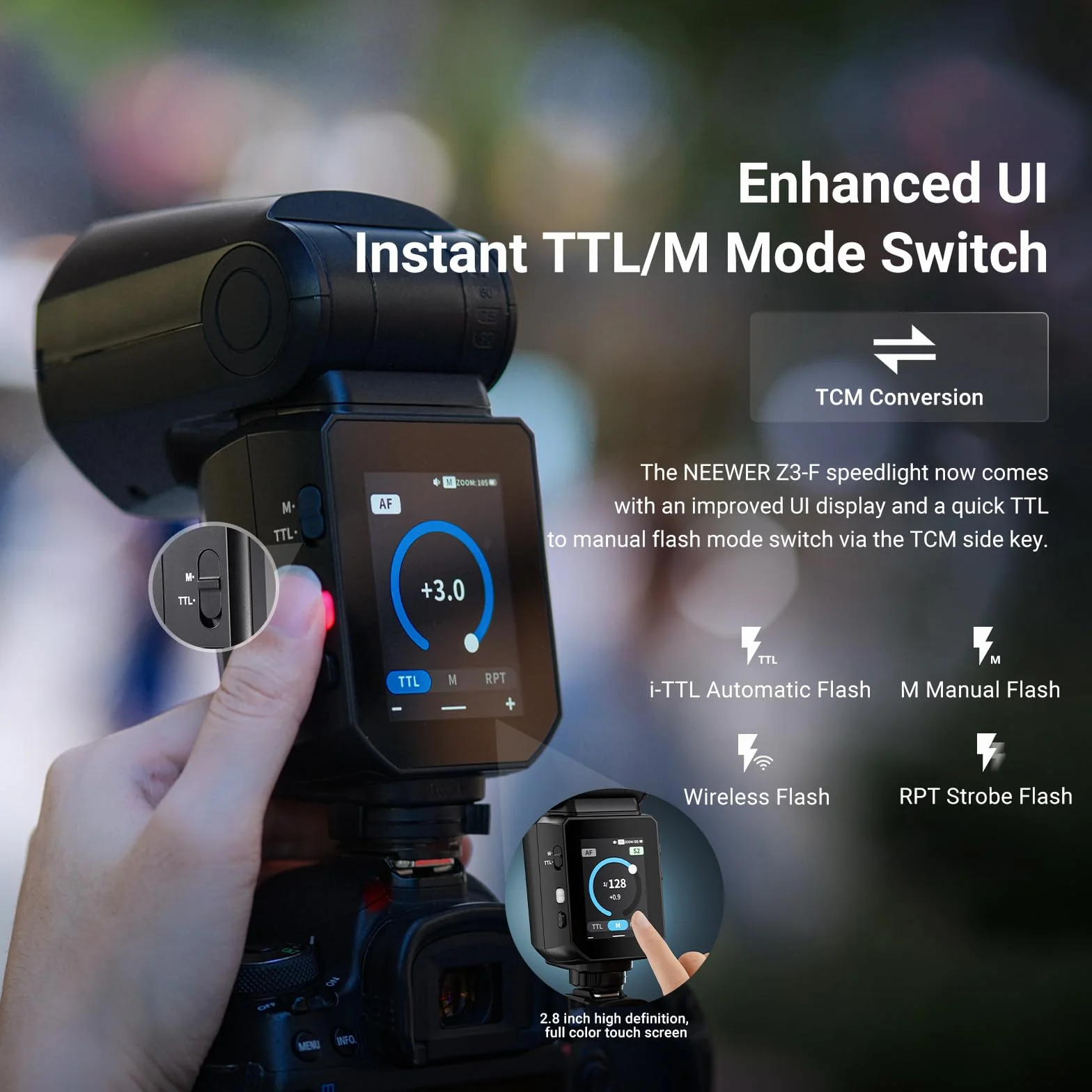 NEEWER Lampa błyskowa 100 W, 2,4G TTL, kompatybilna z aparatami Fujifilm, ekranem dotykowym, HSS 1/8000, 2 lampy sterownicze, przełącznik TTL/M, bateria 3000 mAh/500 pełnej mocy, oświetlenie do studia