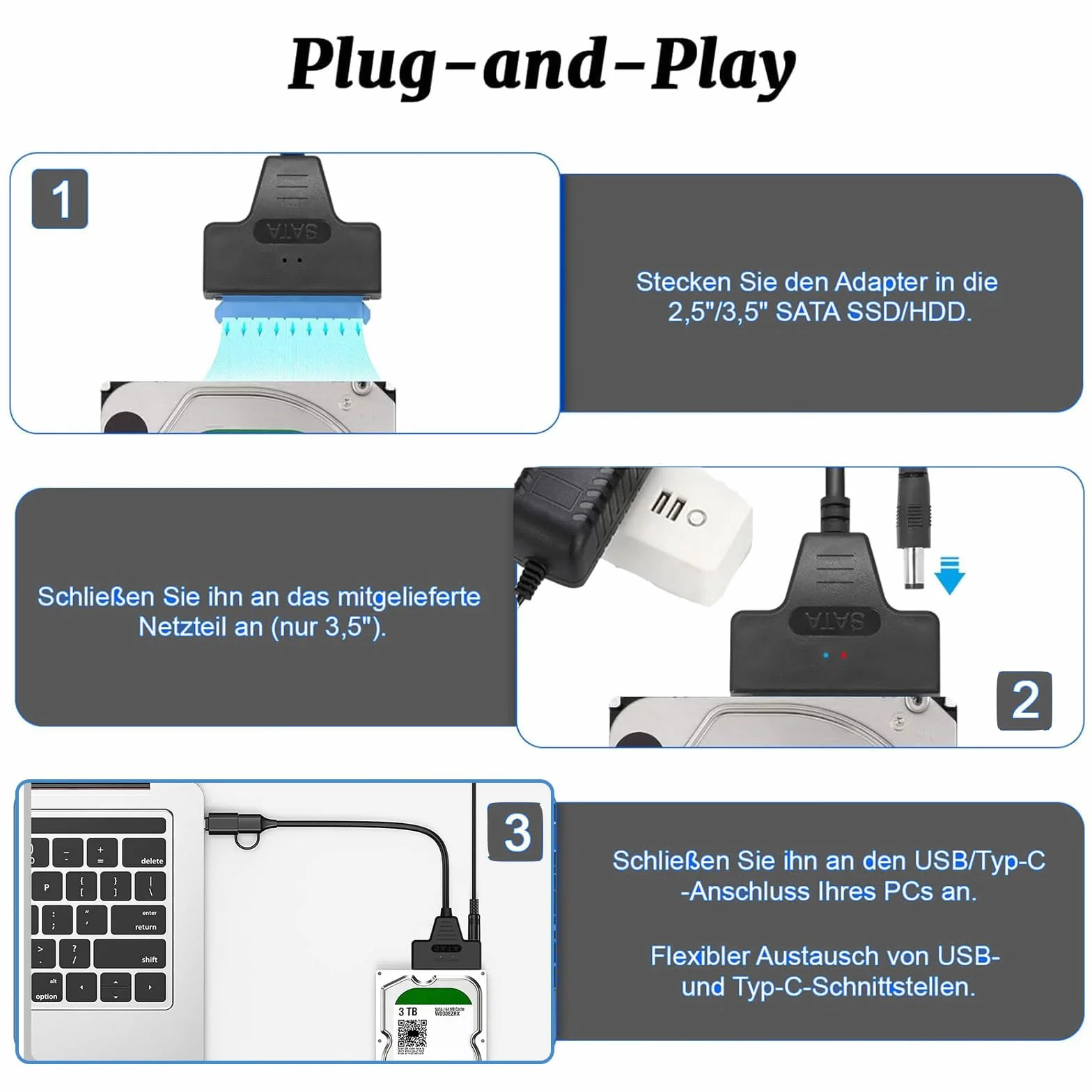 GERUI Adapter SATA USB, Sata na USB, kompatybilny z zewnętrznymi i wewnętrznymi dyskami twardymi SSD/HDD 2,5" 3,5", kompatybilny z zasilaczem 12 V 2 A, kompatybilny z Windows, Mac i Linux