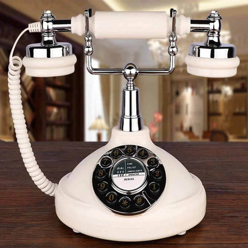 Klasyczny telefon retro, przewodowy telefon z przyciskami, dekoracja do biura, antyczny telefon stacjonarny – biały