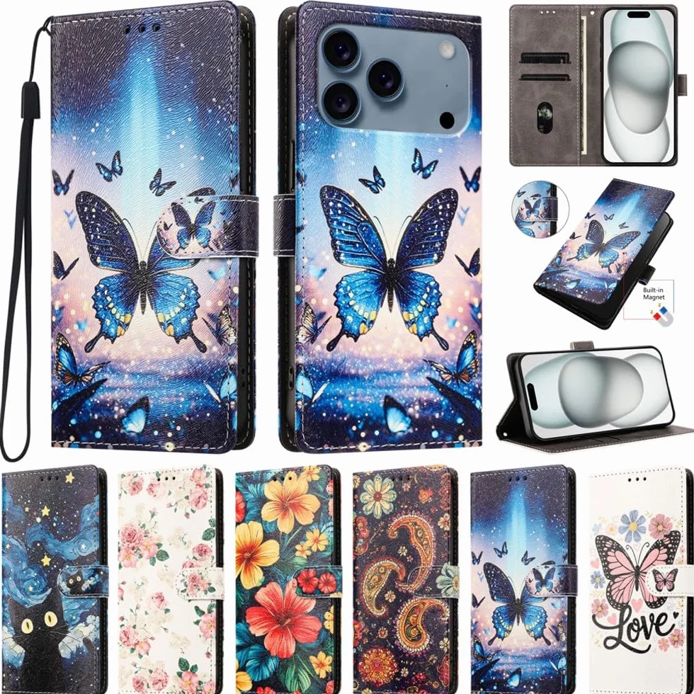 Generic etui kompatybilne z iPhone 14 Plus (wzór: różowy motyl) odporne na wstrząsy etui magnetyczne z klapką portfel etui na karty wzór
