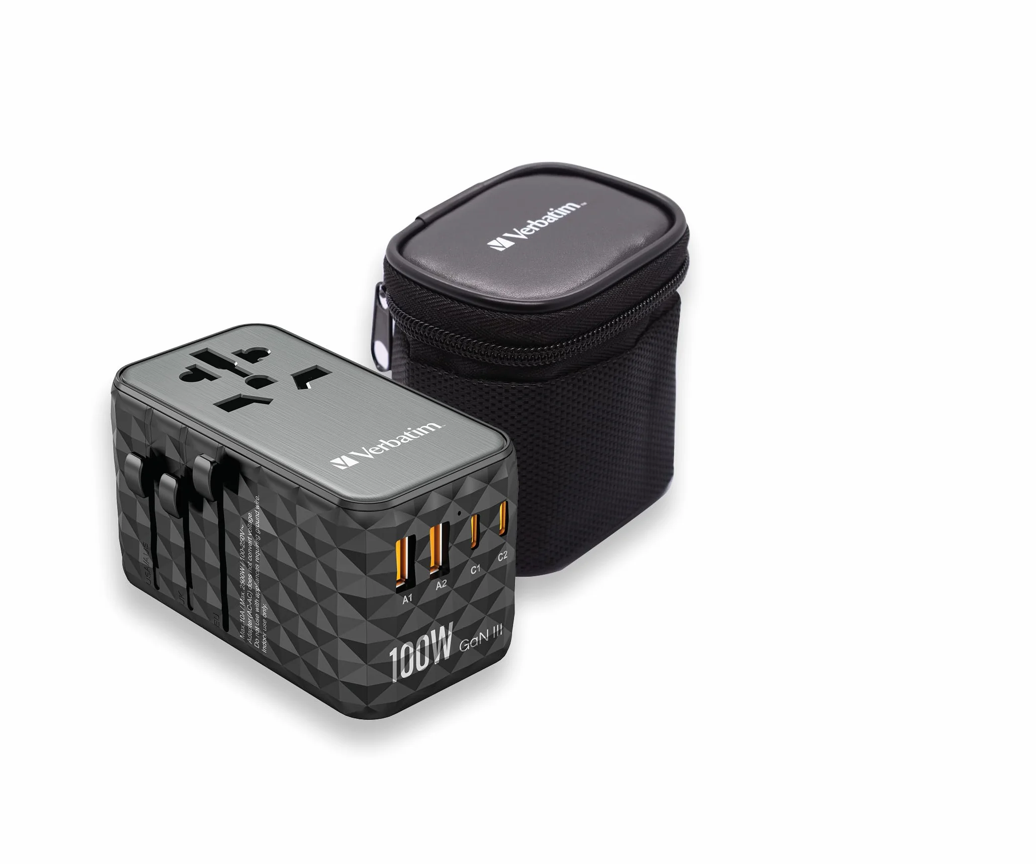 Verbatim GaN uniwersalny adapter podróżny UTA‑06 100 W, adapter z 2 gniazdami USB‑A i 2 portami USB-C, szybka ładowarka do laptopa, telefonu komórkowego, aparatu fotograficznego i Co, wtyczka podróżna