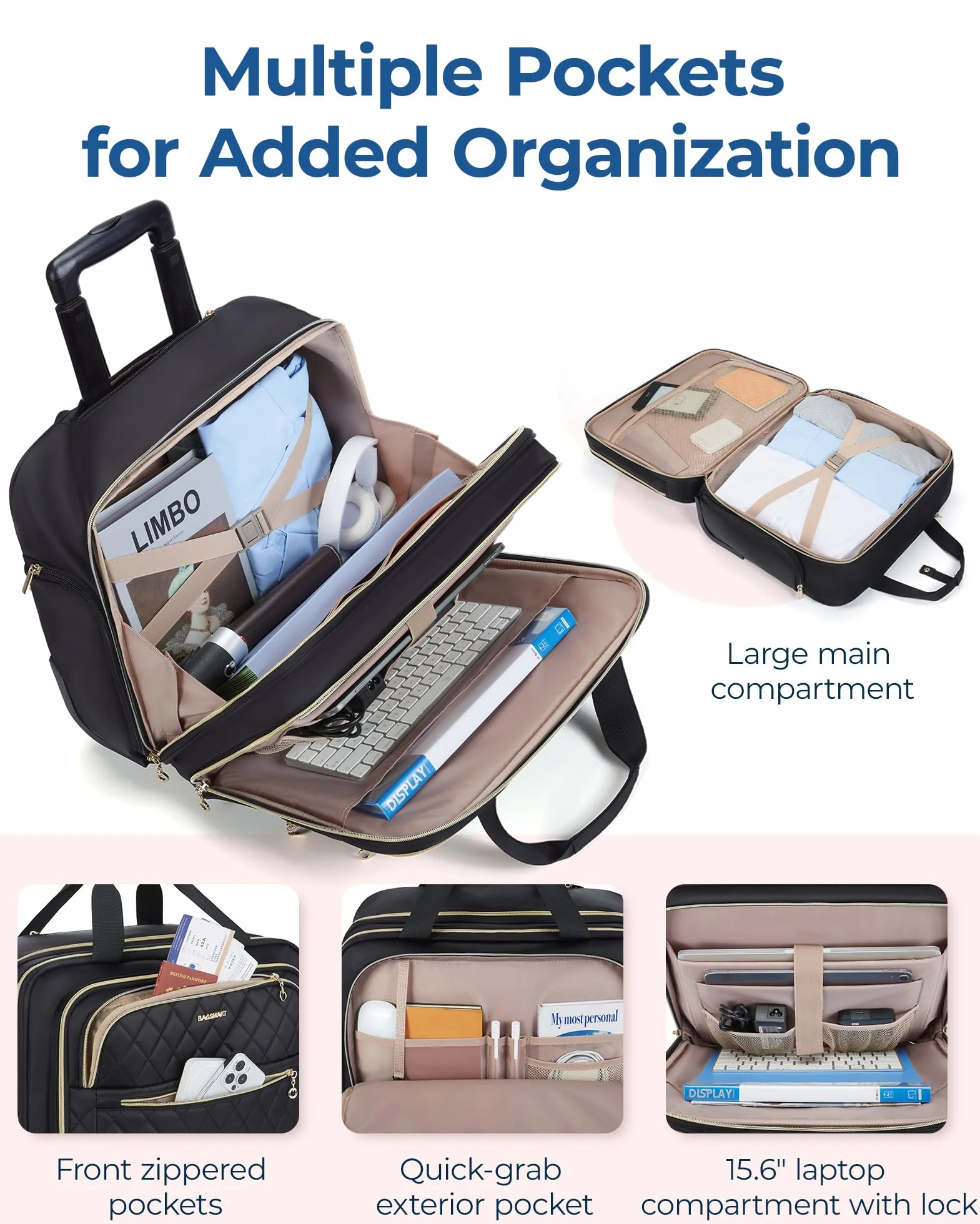 bagsmart Torba na laptopa dla kobiet, zwijana aktówka na laptopa o przekątnej ekranu 15,6", bagaż podręczny pod siedzeniem z rolkami, zwijana torba na komputer z zamkiem TSA, czarny, 15.6 Inch