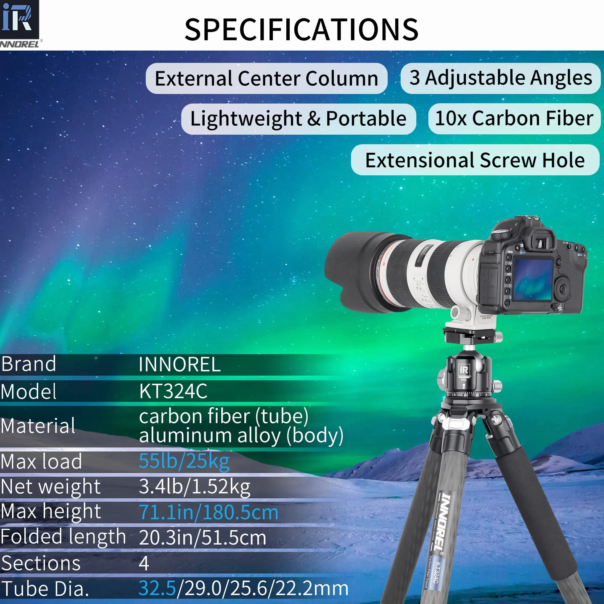 Profesjonalny przenośny statyw INNOREL KT324C z włókna węglowego, kompaktowy, do cyfrowych lustrzanelek DSLR, obciążenie 25 kg, rurka 32,5 mm