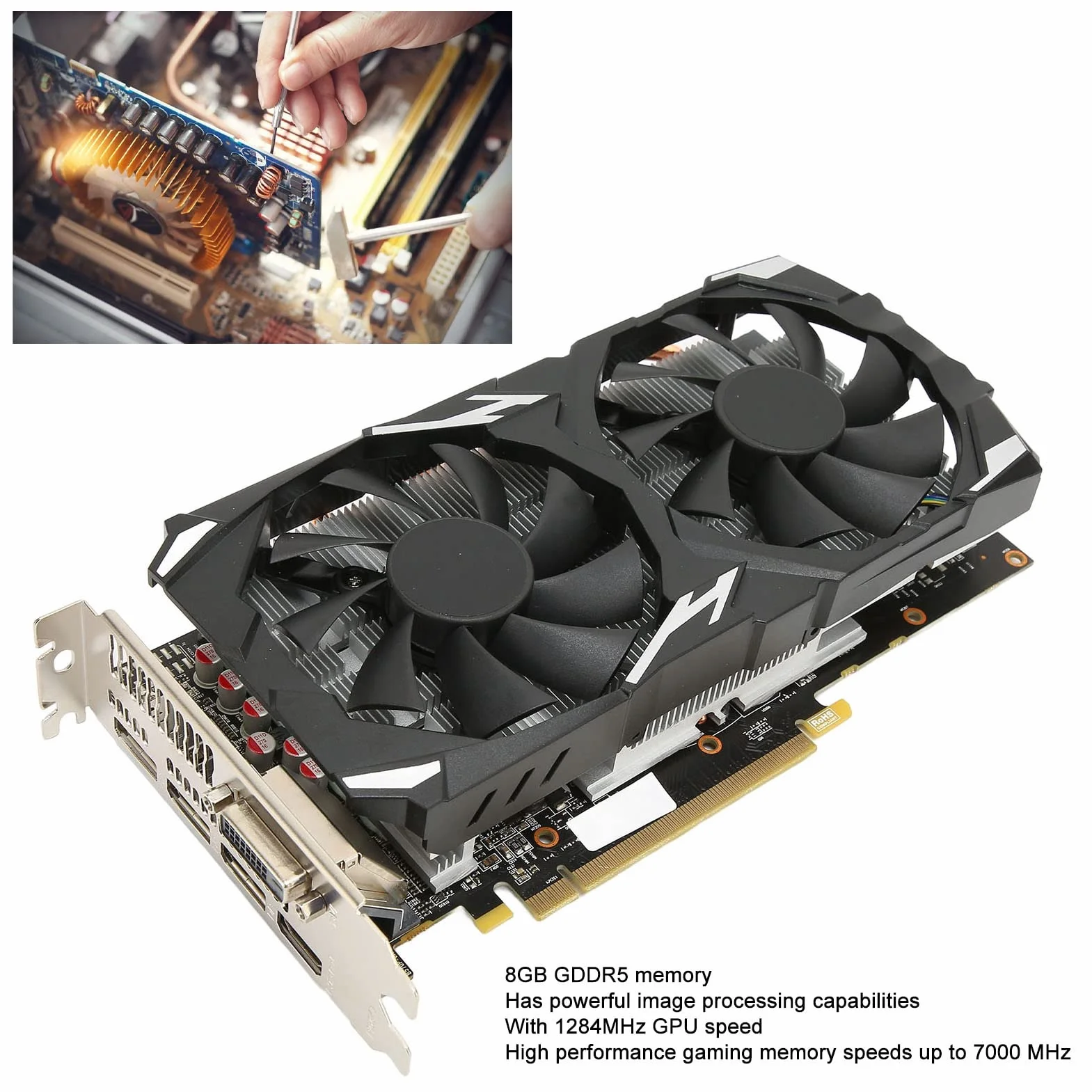 Karta graficzna 8 GB GDDR5, podwójny wentylator 256bit 1284/7000 MHz 8K 16 PCI Express 3.0 karta graficzna do gier, 3 x karta graficzna DP HDMI DVI HD