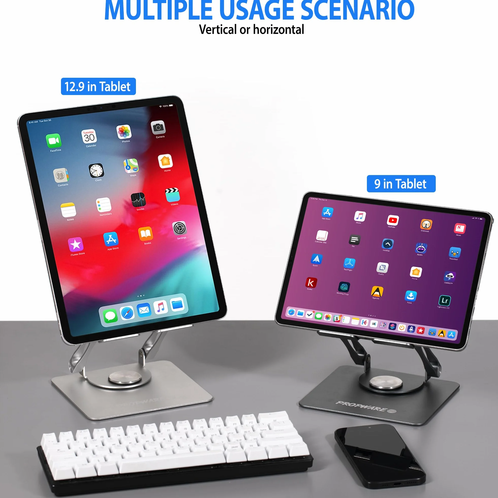 Aluminiowy tablet, telefon, przenośna konsola do gier o przekątnej do 15 cali z obrotową podstawą 360°, ergonomicznie regulowana, składana, idealna do kuchni lub biurka (srebrny)