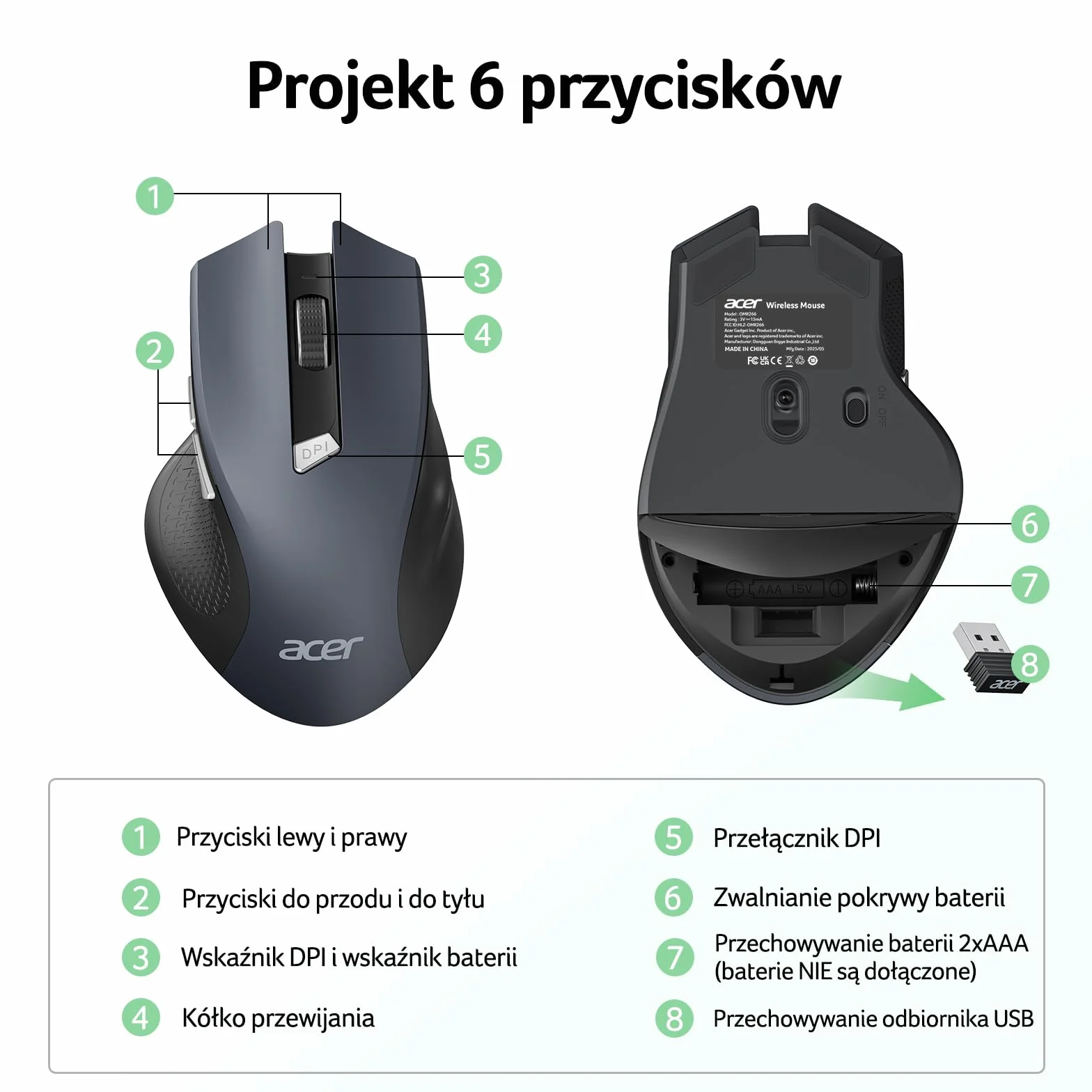 Acer Mysz Bezprzewodowa, 3 Poziomy DPI, Ergonomiczna Mysz Komputerowa 2,4 GHz z Odbiornikiem USB, 6 Przycisków, Śledzenie Optyczne, Wskaźnik Baterii, Przenośna do Laptopa, Komputera, PC, Desktop, Mac