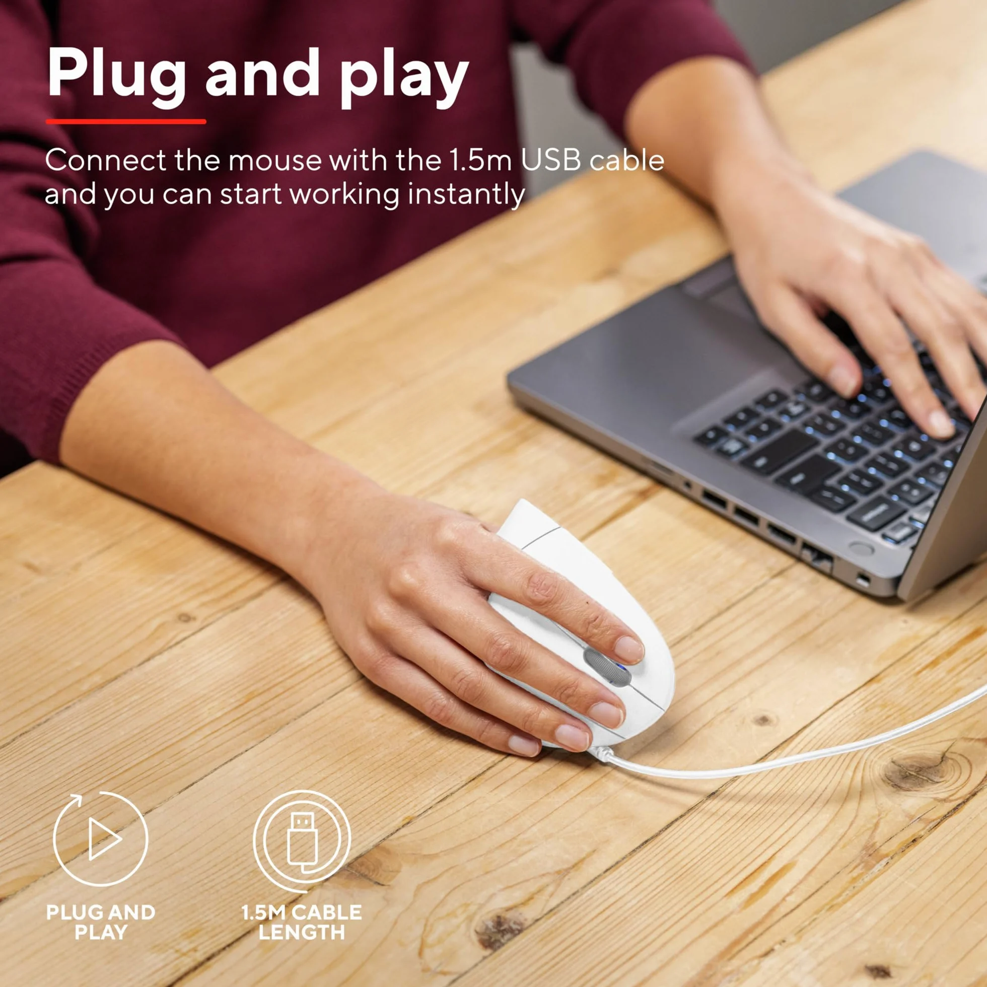 Verto Ergonomiczna mysz przewodowa pionowa LED 1000-1600 DPI 6 przycisków USB 1,5 m