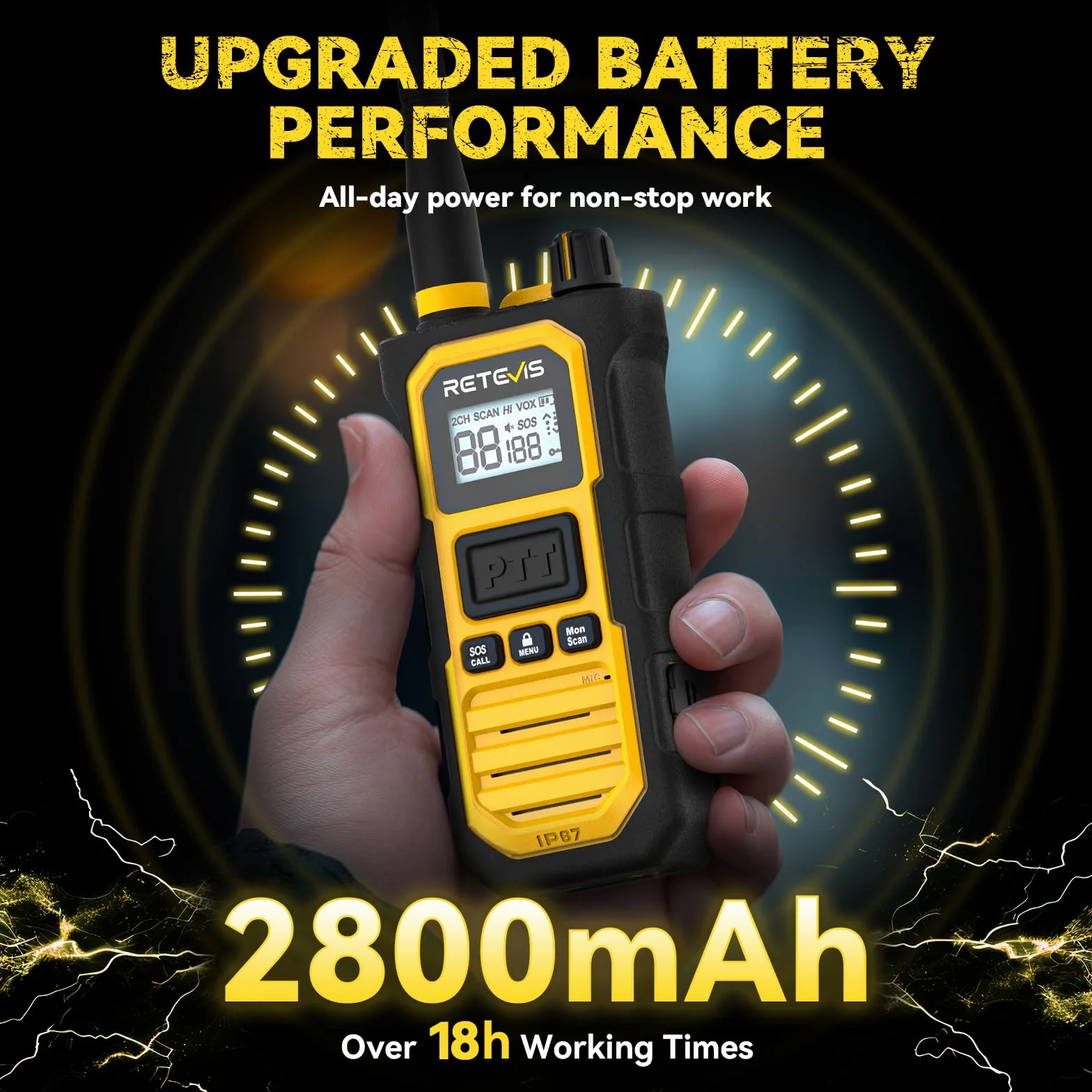 Retevis RB648 Pro Walkie Talkie, Wodoodporny IP67, 2800 mAh, Inteligentny Dźwięk, Profesjonalny Radiotelefon Dwukierunkowy o Dużym Zasięgu do Placów Budowy i Transportu Towarów (1 Szt. Żółty)