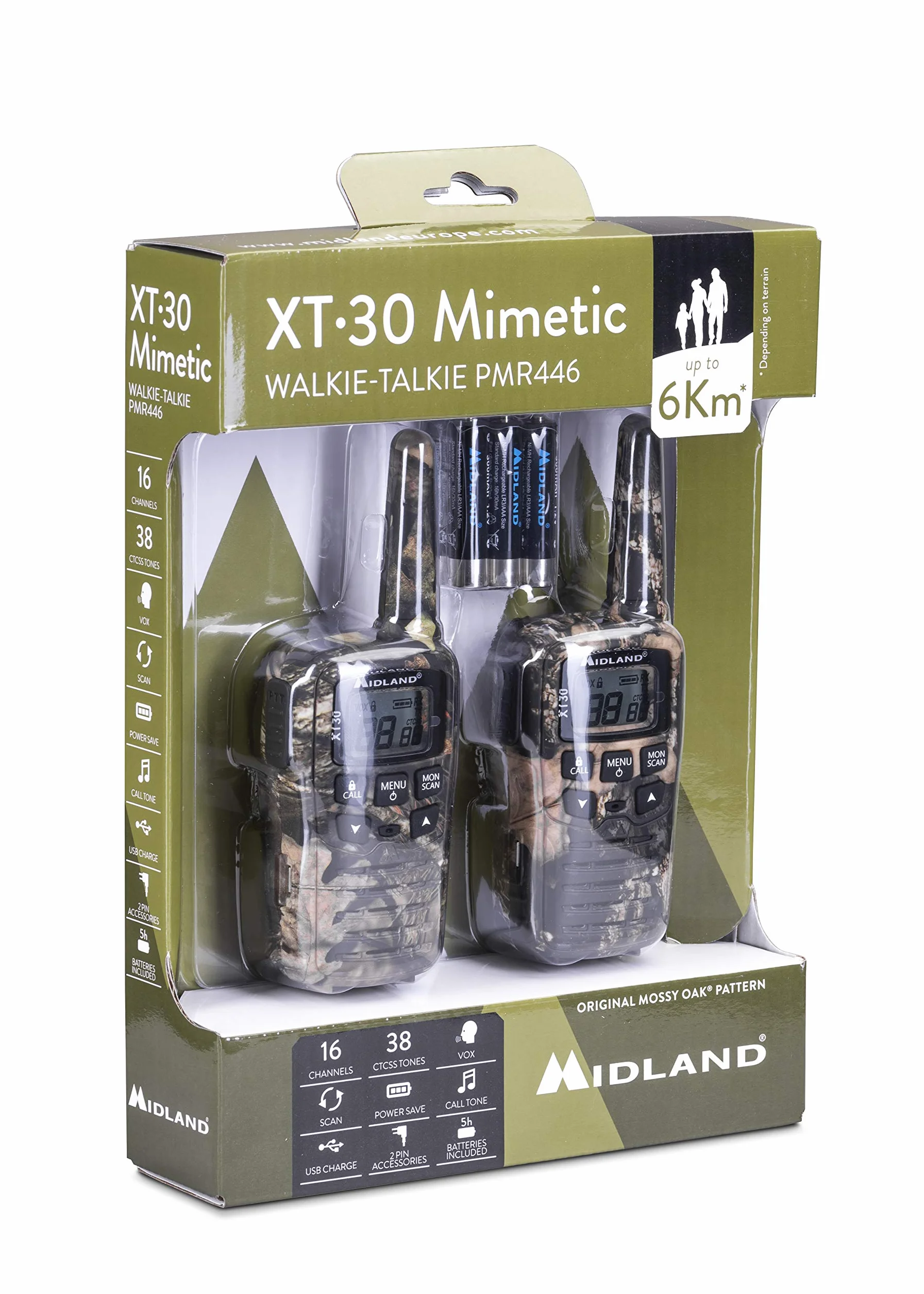 Midland XT30 Mimetic Walkie Talkies akumulator dalekiego zasięgu – dwukierunkowe radio z teksturą mimetyczną – licencja PMR 446, 16 kanałów, zasięg 6 km, 38 dźwięków CTCSS, funkcja VOX, kabel USB