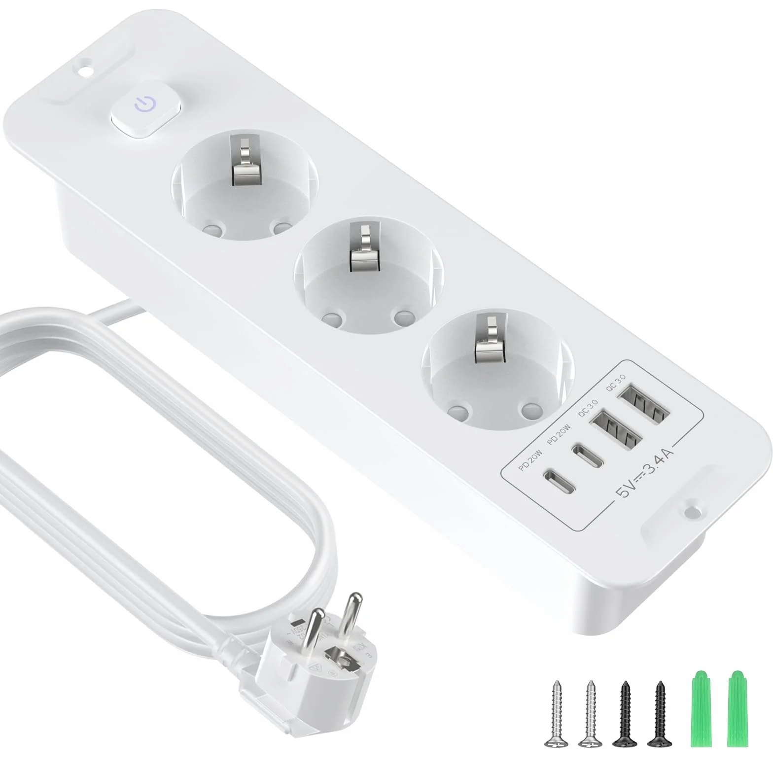 Gniazdo wtykowe do zabudowy z USB, 3-krotne gniazdko stołowe z USB A i Type-C, 7 N 1, blat stołu, wpuszczane potrójne gniazdko z kablem przedłużającym 2 m, listwa zasilająca do zabudowy, do biura,