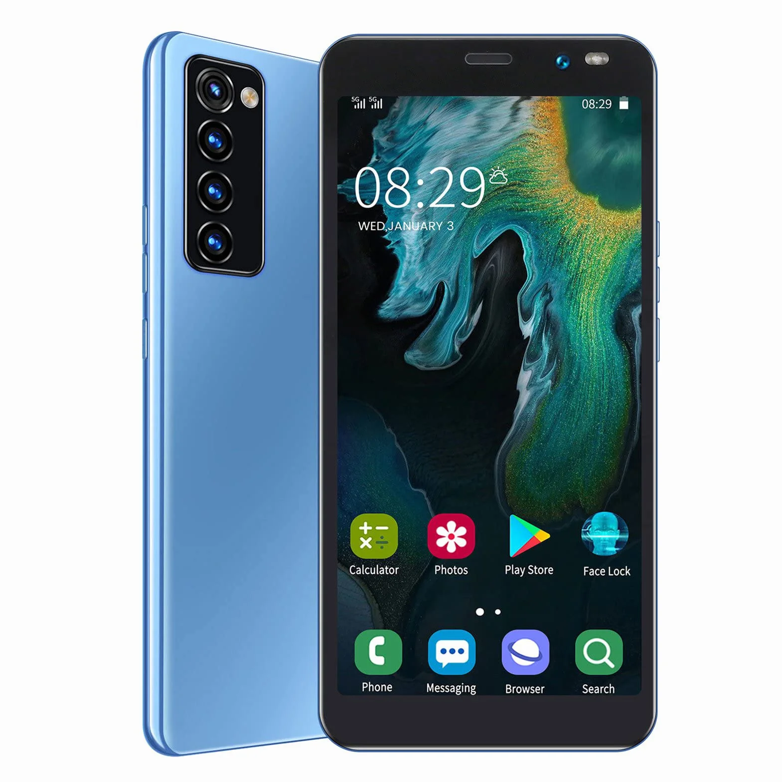 Rino4 Pro Smartfon, 5,45-calowy Pełnoekranowy HD MTK6572 Dwurdzeniowy Procesor Face Unlock, Wi-Fi, BT, FM Podwójne Karty Smartfon Z Podwójnym Trybem Gotowości Dla Androida 4.4.2(Niebieski)