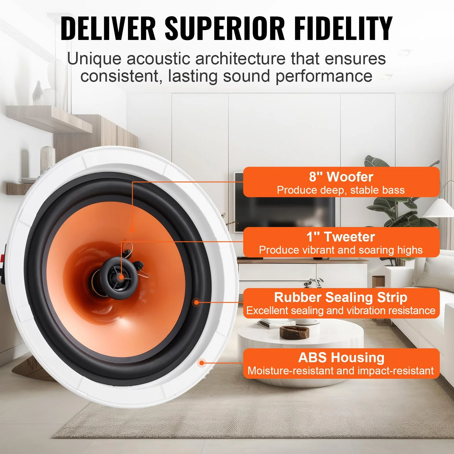 VEVOR Głośniki sufitowe 205 mm, 100 W, system głośników sufitowych do montażu ściennego z ompedancją 8Ω Czułość 89 dB, do domu kuchni salonu na zewnątrz koce 4 sztuki
