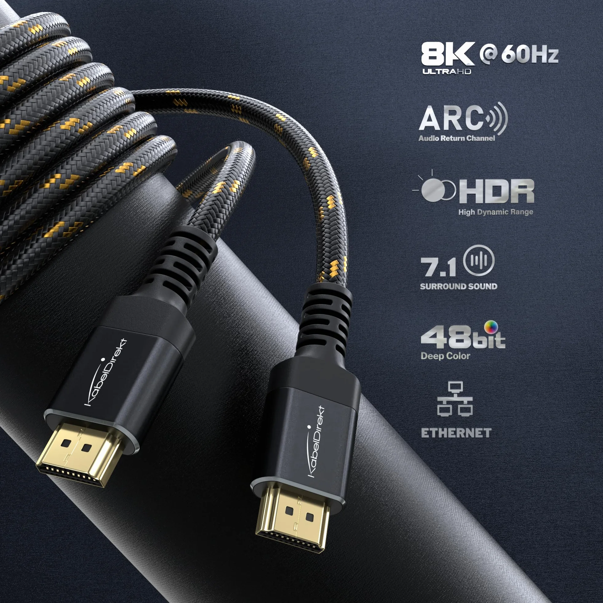 KabelDirekt Kabel HDMI 2.1 2m 8K 48Gbps Metalowe Złącza Pleciona Okładzina