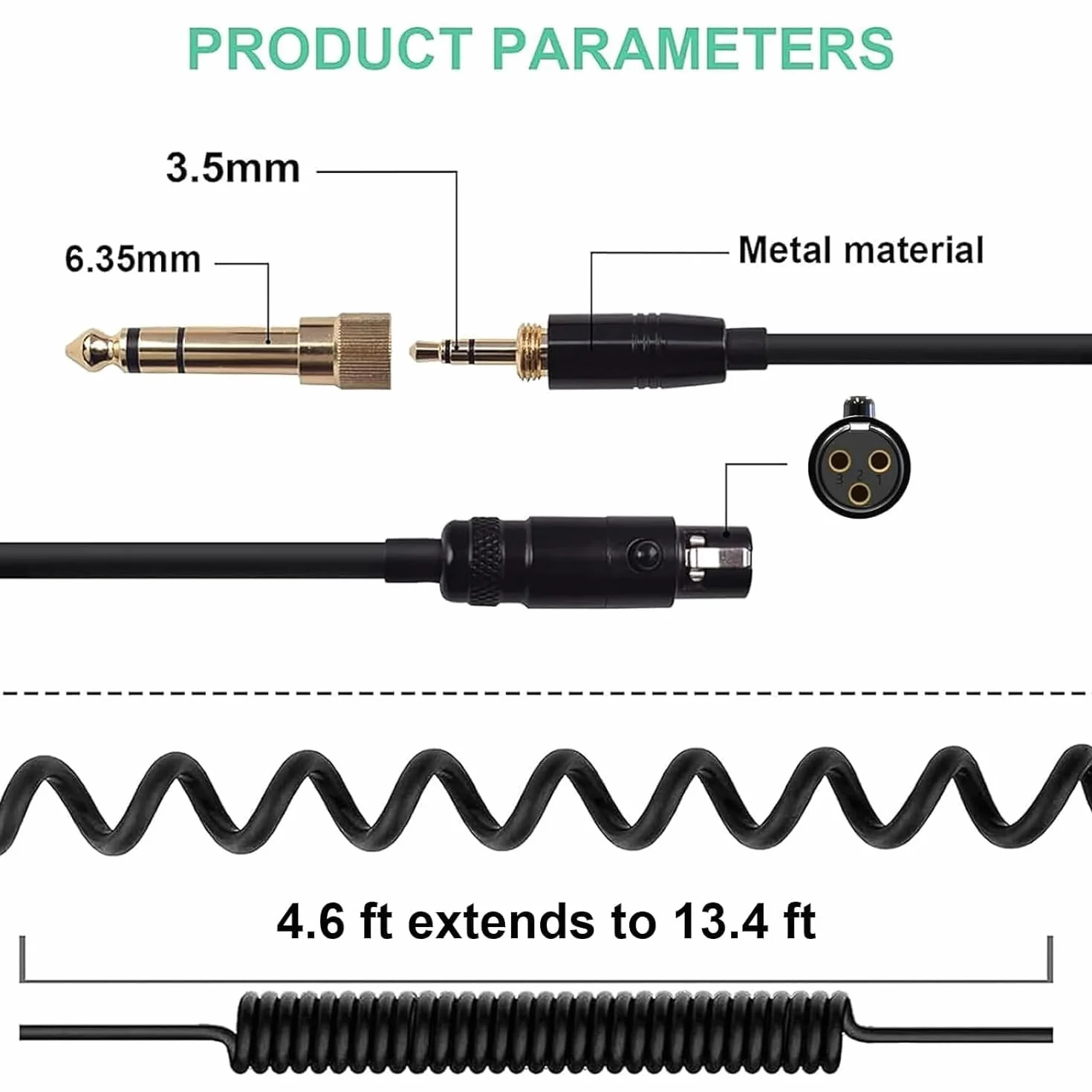 Toxaoii 990 PRO X Spiralkabel Kompatybilne z słuchawkami beyerdynamic DT 900 PRO X, DT 1990 PRO, DT 700 PRO X i DT 1770 Pro, złącze Mini-XLR na wtyk 3,5 mm, w zestawie adapter 6,35 mm
