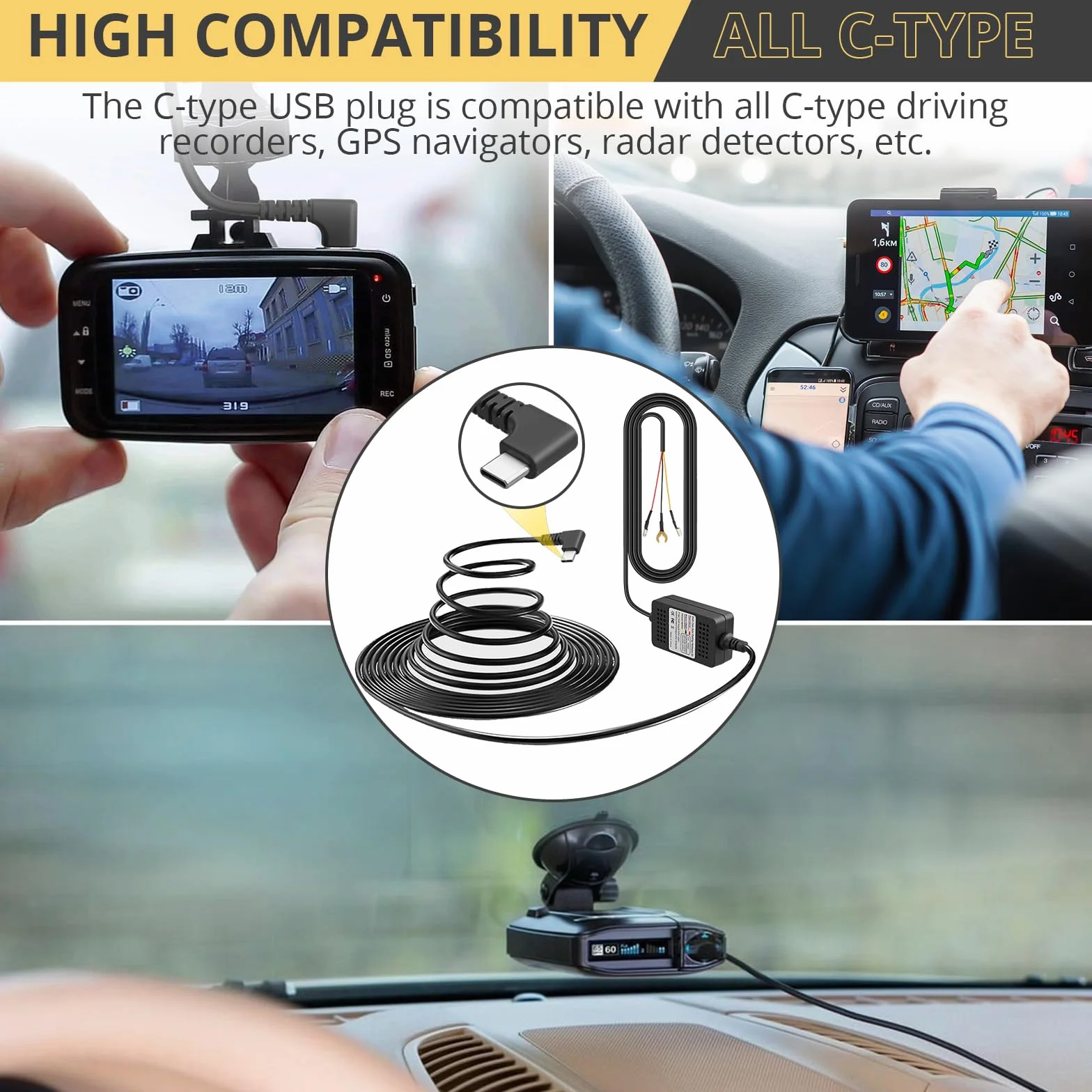 AMTOVL Zestaw Hardwire do aparatu typ C USB Dash Cam 3 przewody z bezpiecznikami ACC ochrona przed niskim napięciem 12 V/24 V do 5 V