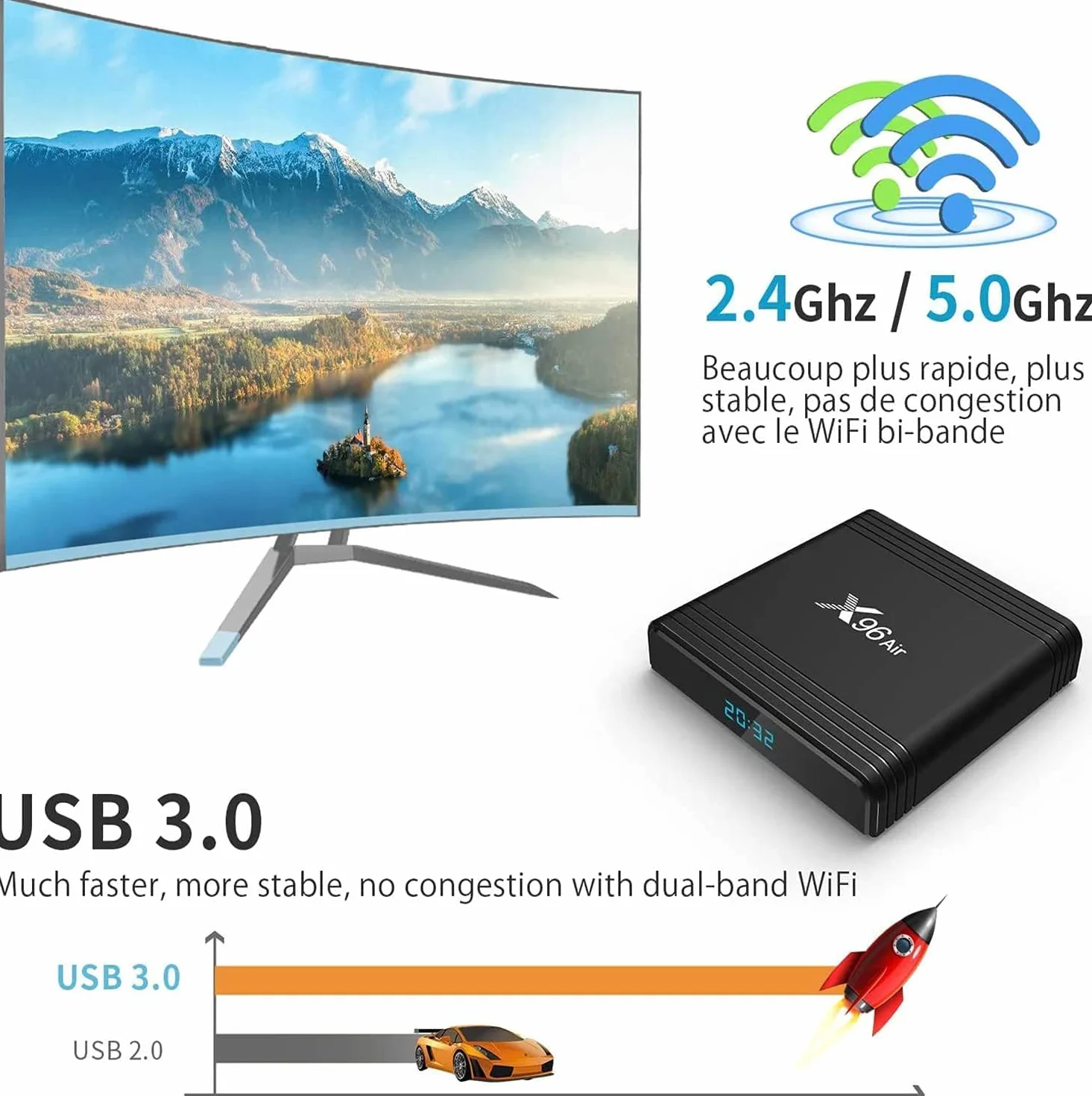 Smart TV Box, X96 Air Android TV Box Android 9.0 Amlogic S905X3 4 GB/64GB 2,4G / 5G WiFi dwuzakresowe 8K dekodowanie wideo UHD 4K odtwarzacz multimedialny, 2gb+16 gb