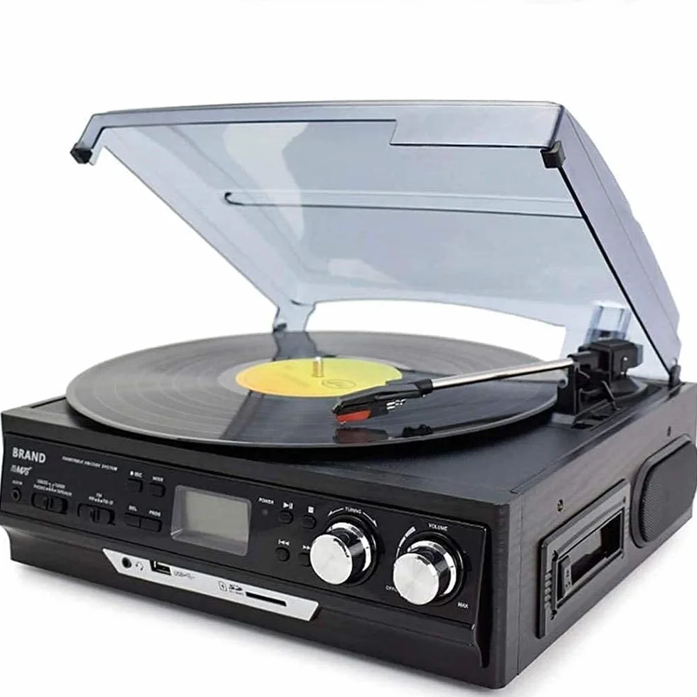 Gramofon – system retro 4 w 1 z radiem AM/FM, odtwarzaczem kasetowym, odtwarzaczem CD i dwoma głośnikami stereo do klasycznego odtwarzania muzyki