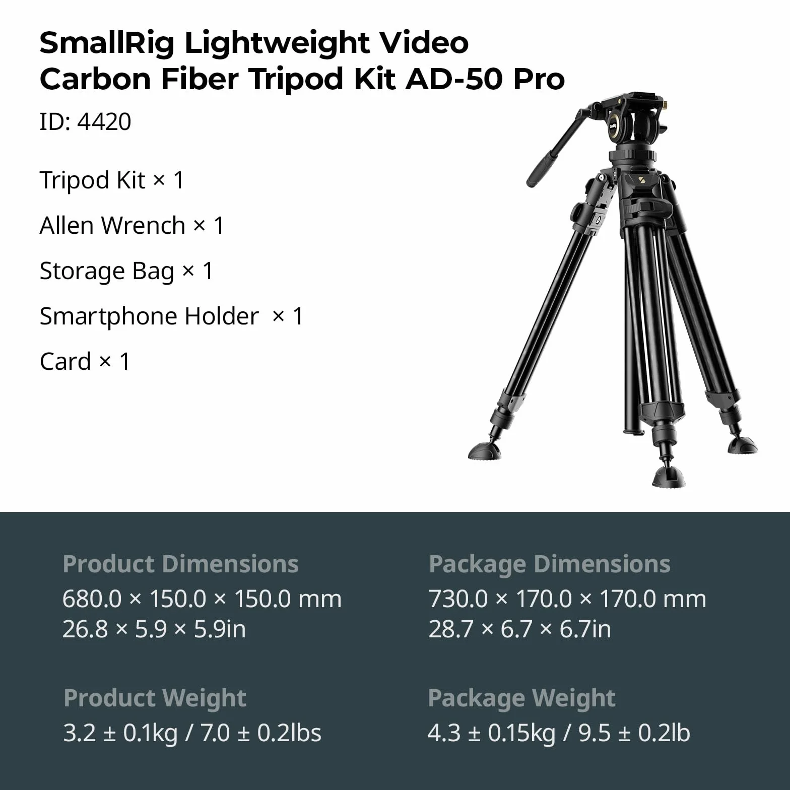 SMALLRIG Statyw wideo AD-50Pro Heavy Duty, lekki statyw z włókna węglowego z jednostopniową regulacją wysokości FreeSpeed, głowicą płynną, dwutrybową płytą QR, wagą 7 funtów, do 13,2 funta-4420