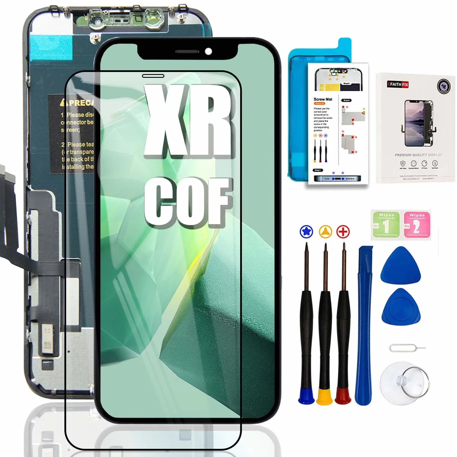 EFAITHFIX do iPhone XR zamiennik ekranu COF 6,1-calowy ekran LCD z zaciskiem przyssawka wyświetlacz dotykowy 3D zespół digitizera do A1984/A2105/A2106/A2108 narzędzie do naprawy szkła hartowanego wodoodporny klej